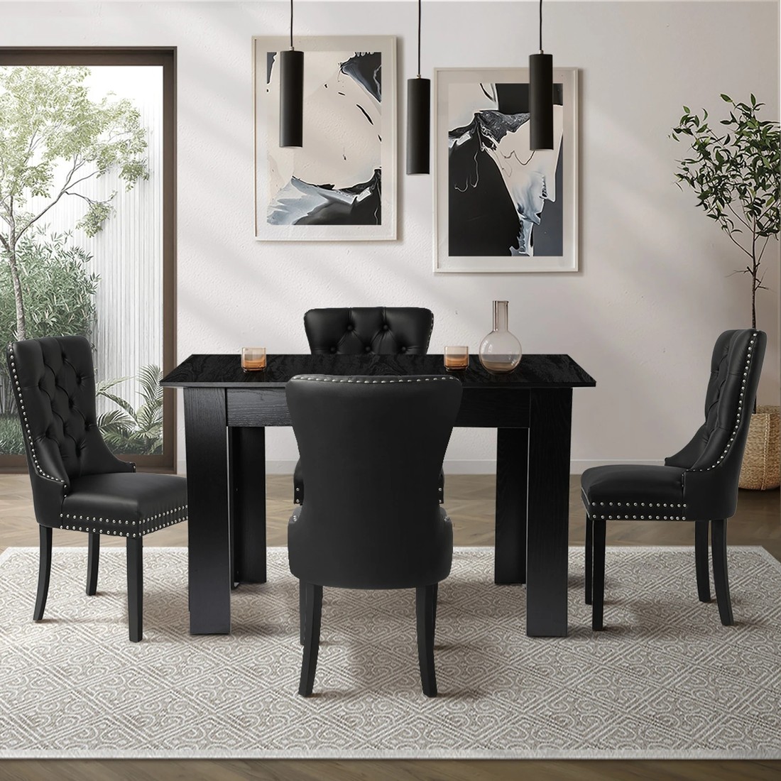 3 Oikiture 160cm Extendable Dining Table With 4pcs Pu Leather Dining Chairs
 - Black, 3 of 10