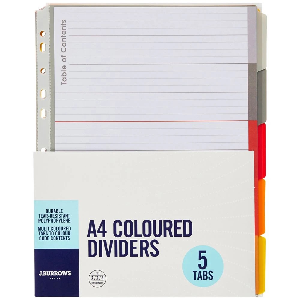 1 J.Burrows A4 Premium 5 Tab Index Dividers Hot Colours, 1 of 4