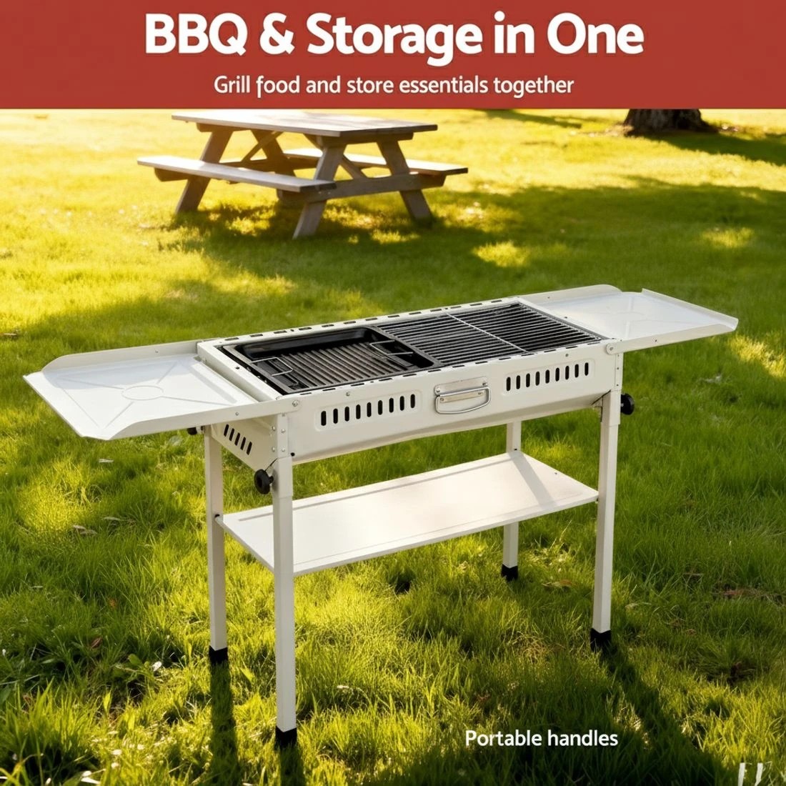 4 Grillz Portable BBQ Grill w/ Stainless Steel Racks & Pans for - Beige, 4 of 7