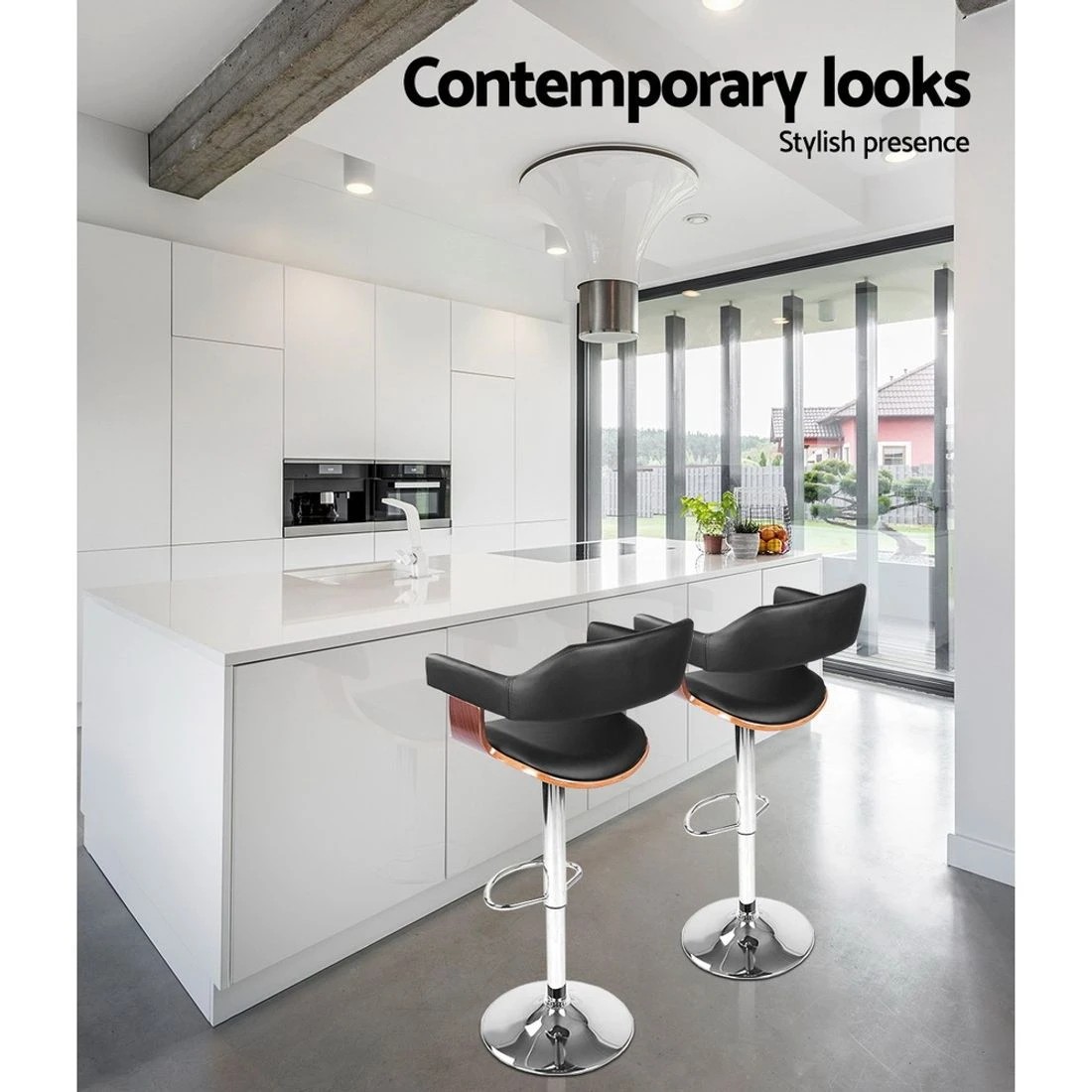 4 Artiss 2x Bar Stools Gas Lift Leather w/Armrest - Black, 4 of 6