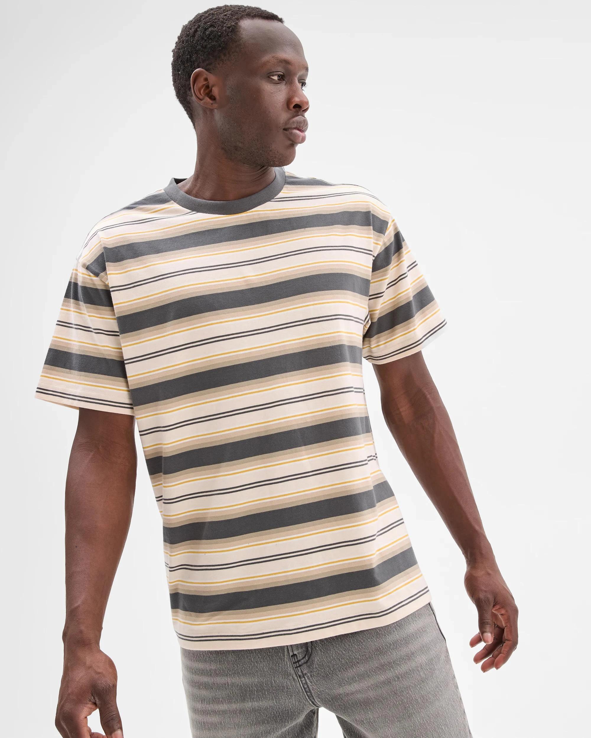 1 Australian Cotton Heavy Core T-Shirt- Commons BROWN STRIPE, 1 of 7