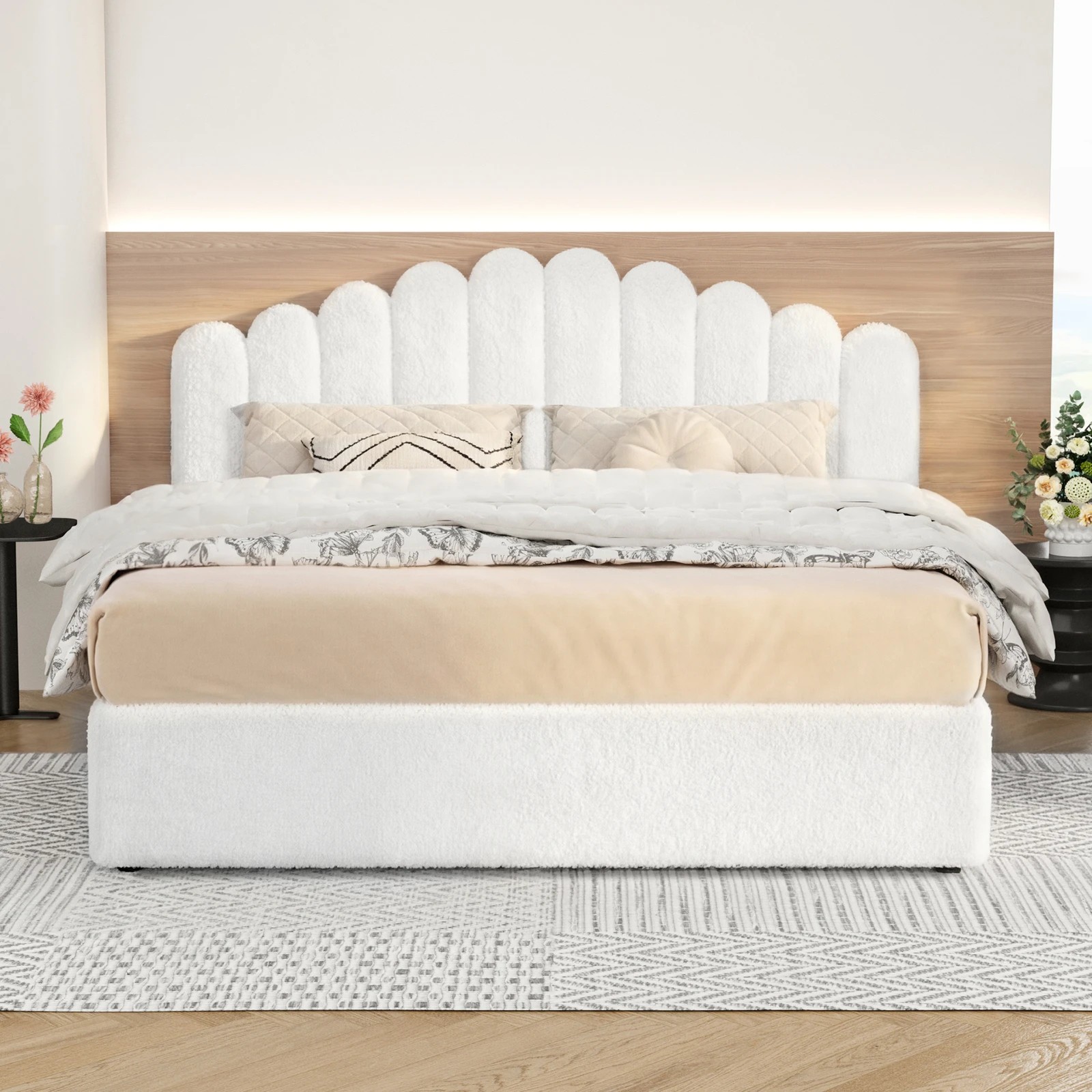 3 Alfordson Bed Frame King Size Gas Lift Storage Base Wooden Boucle Mutis - White, 3 of 10
