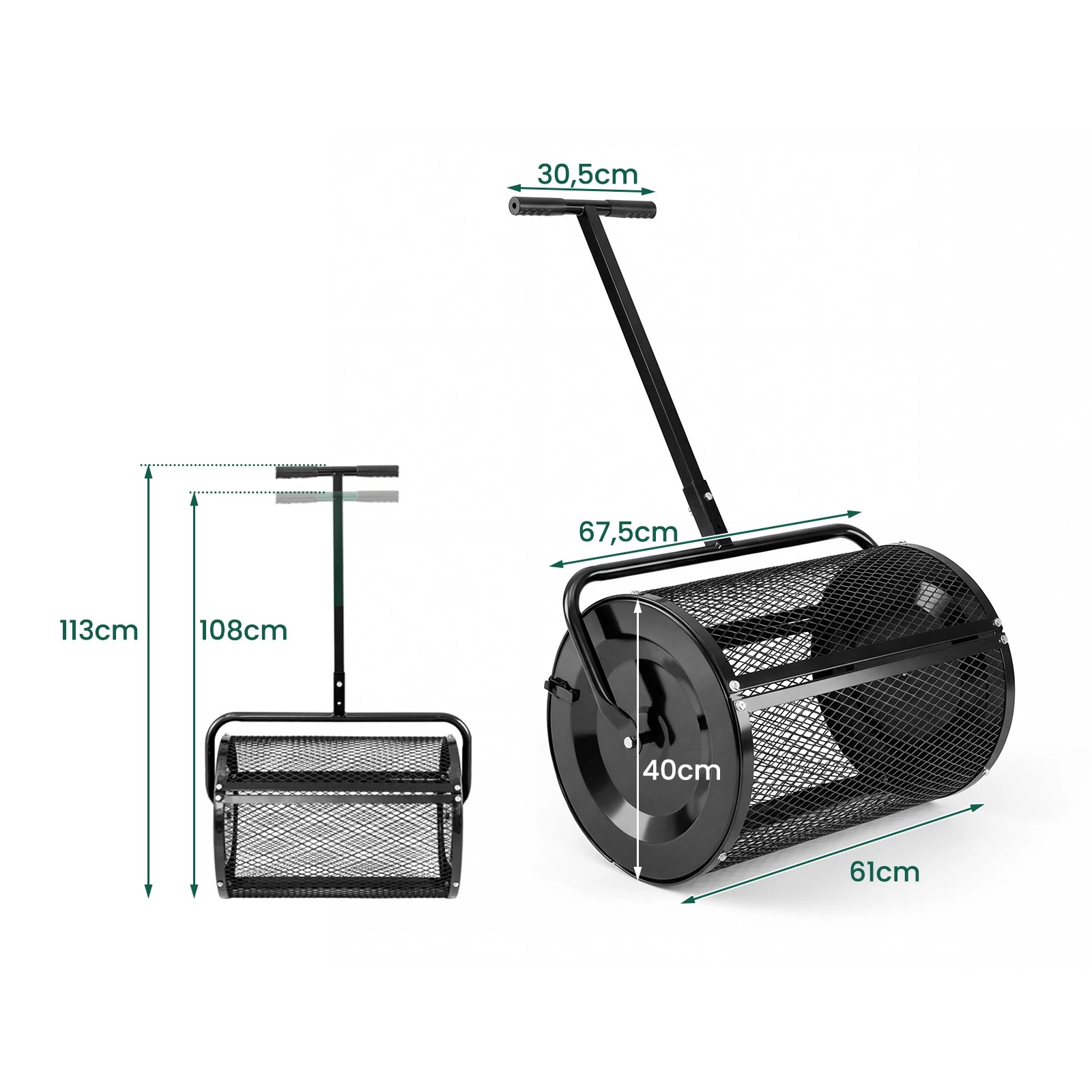 5 Costway Compost Spreader 61cm Peat Moss Spreader Roller w/Adjustable Handle Metal Mesh Basket - Black, 5 of 5