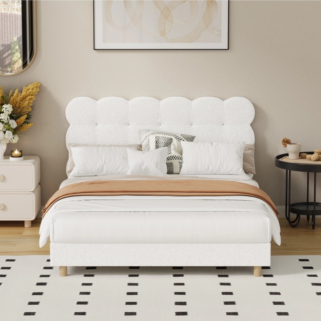 3 Oikiture Double Bed Tufted Bedhead Boucle Bed Frame
 - White, 3 of 10