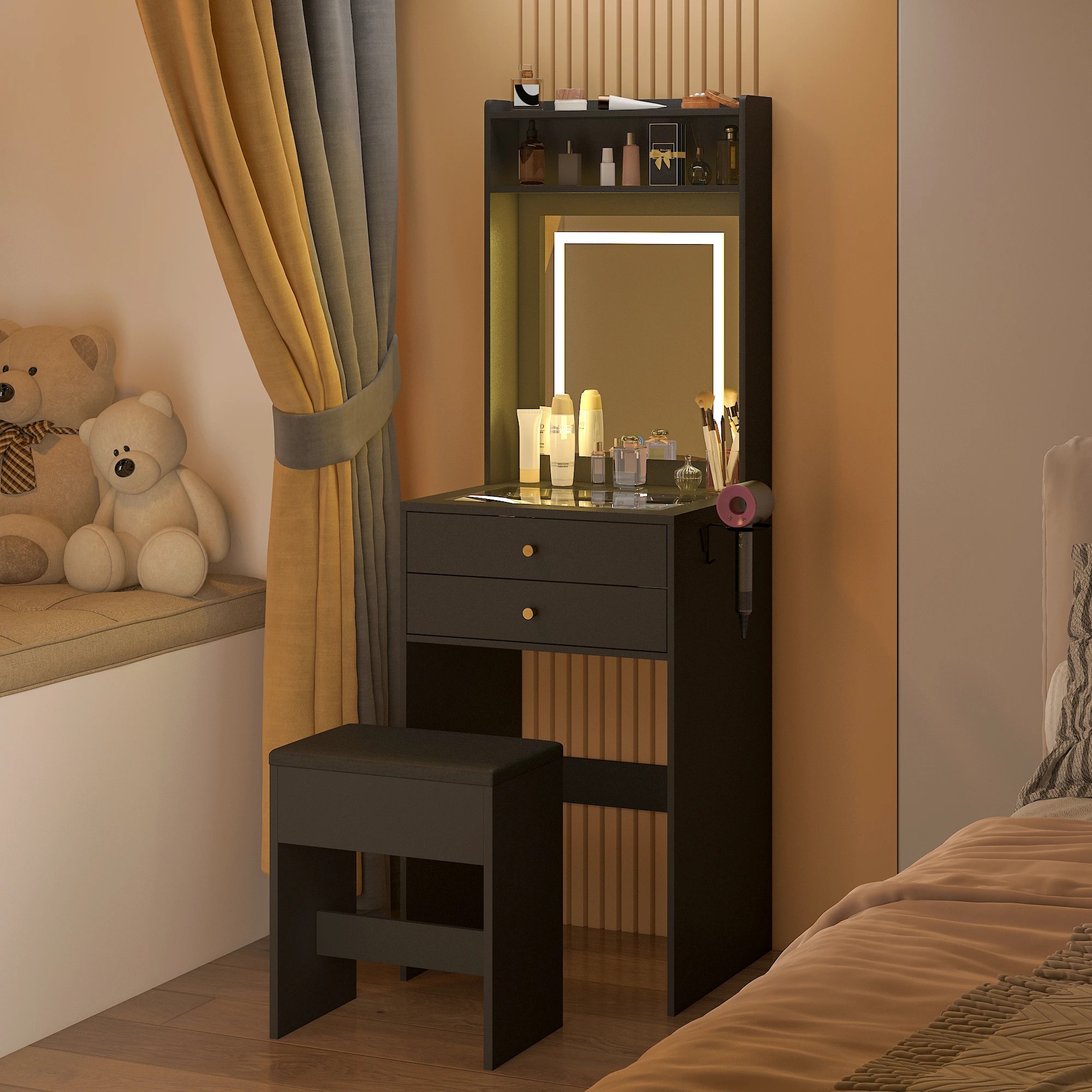 6 Advwin Dressing Table Stool Set Glass Desktop Mirror LED Light 2 Drawers - Black, 6 of 8