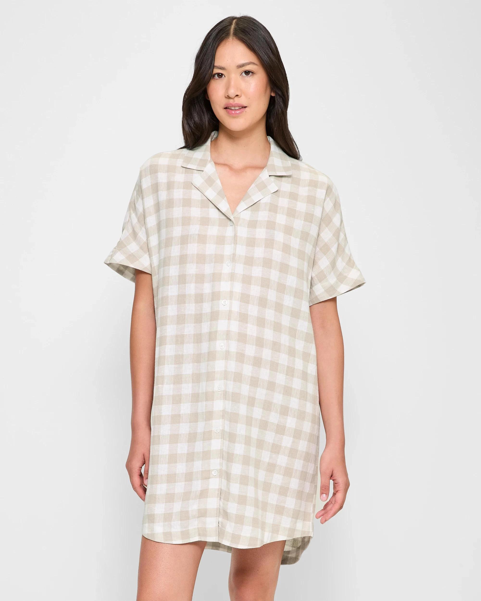 1 Target Woman Womens Linen Blend Sleep Nightie NEUTRAL GINGHAM, 1 of 5