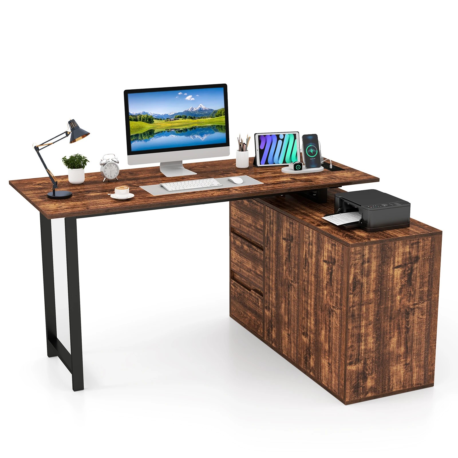 4 Costway Industrial L-Shaped Computer Desk Reversible Study Table w/Charging Station, 4 of 4