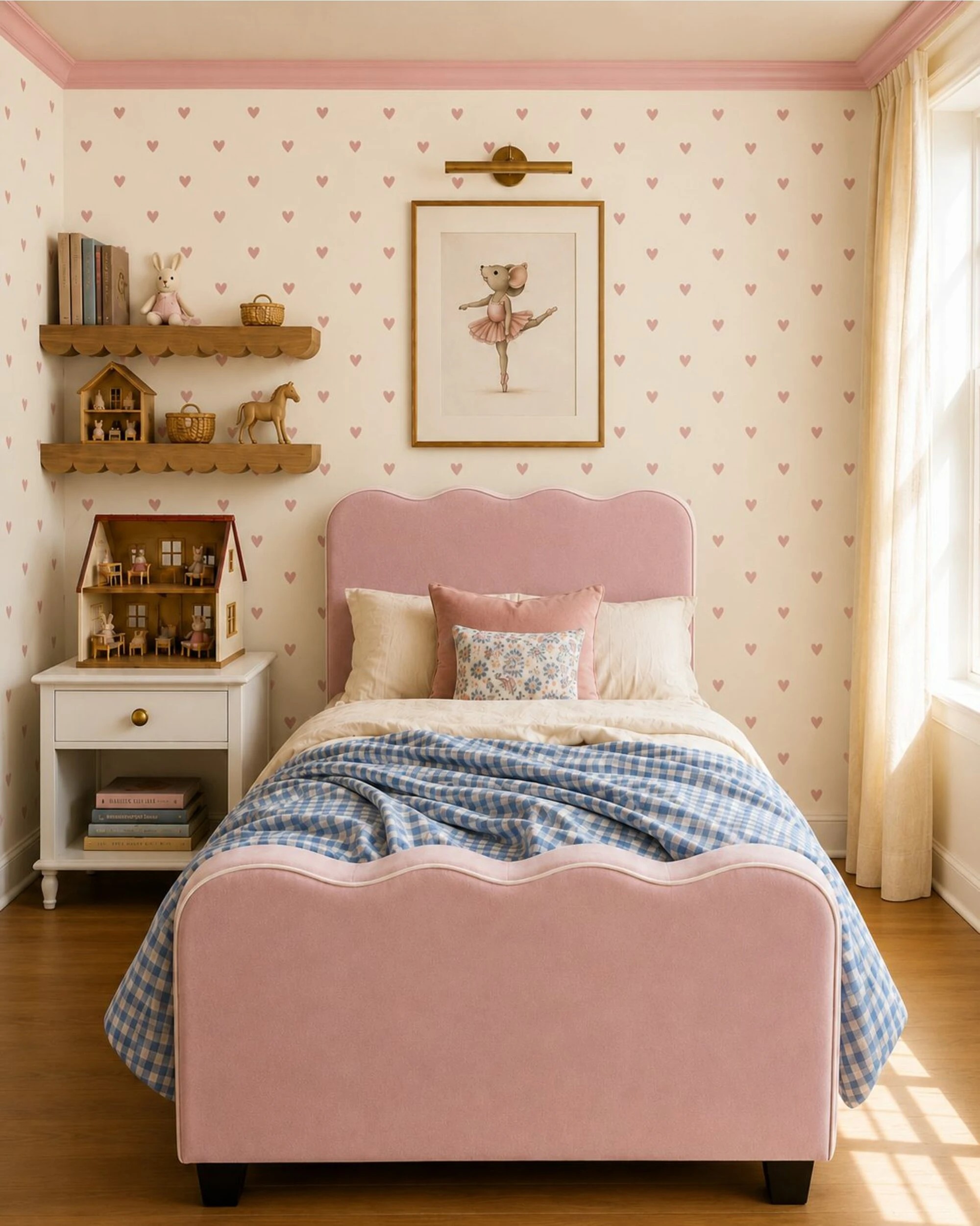 1 Hide & Seek Kids Polly Scalloped Upholstered Kids Bed - Blush, King Single - Pink, 1 of 4