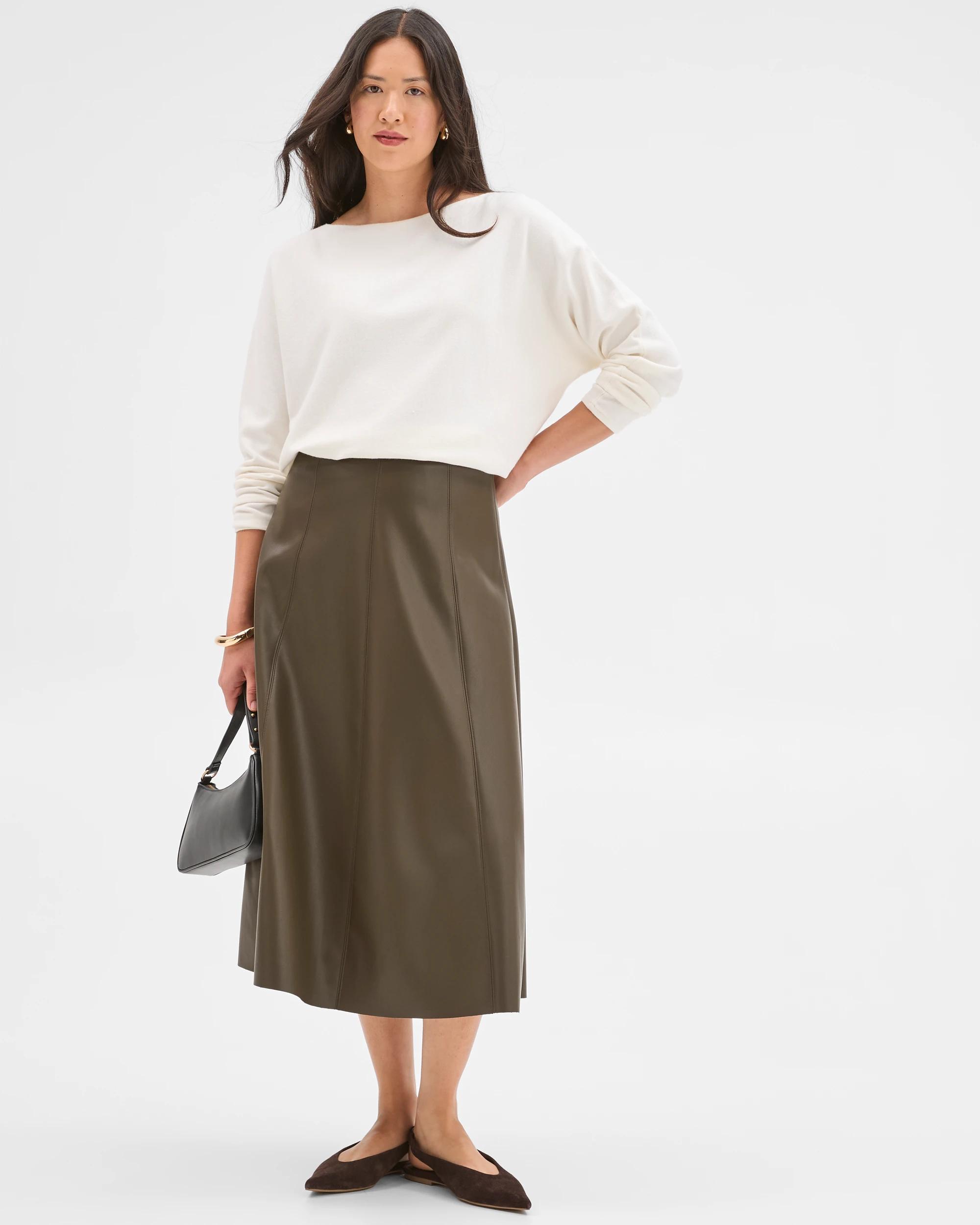 1 Preview PU Panel A-Line Midi Skirt OLIVE, 1 of 5