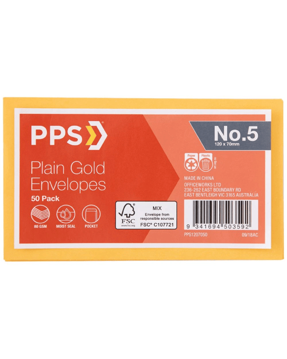 PPS Plain face No.5 Envelopes 120 x 70mm Kraft 50 Pack