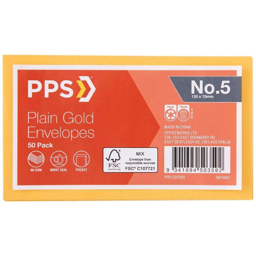 1 PPS Plain face No.5 Envelopes 120 x 70mm Kraft 50 Pack, 1 of 4