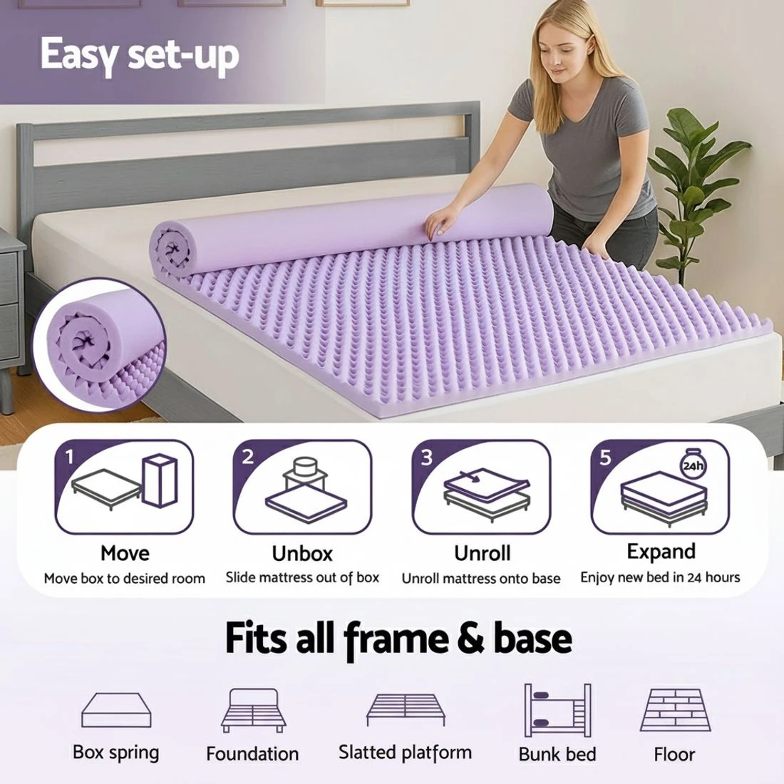 7 Giselle 5cm Memory Foam Mattress Topper Lavender Infused Egg Crate Pad Mat Queen - Queen Bed - Purple, 7 of 7
