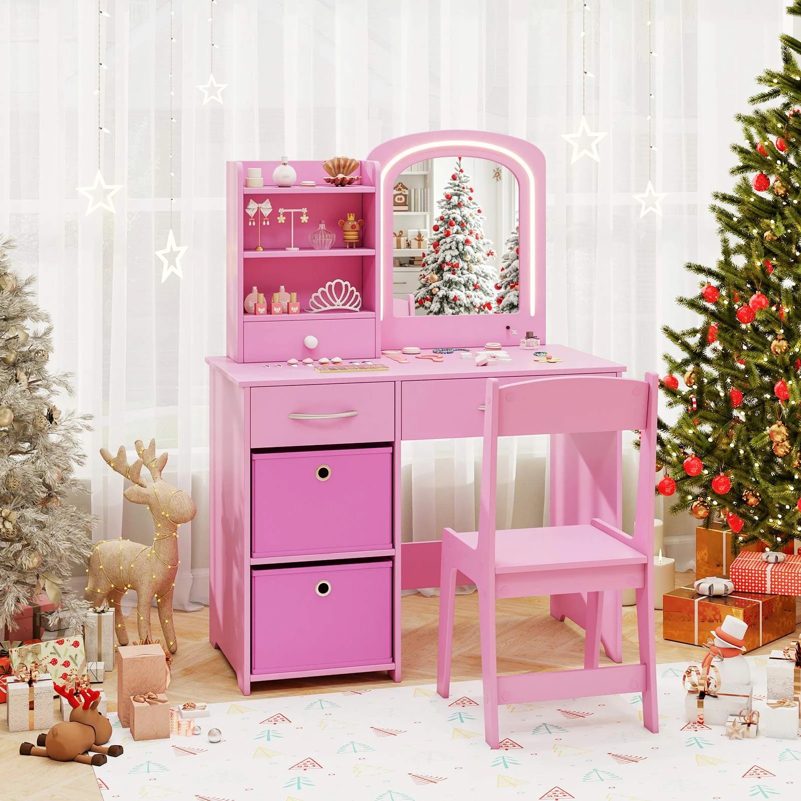 3 Costway Vanity Set Princess Makeup Table & Chair w/Drawers, 3 of 3