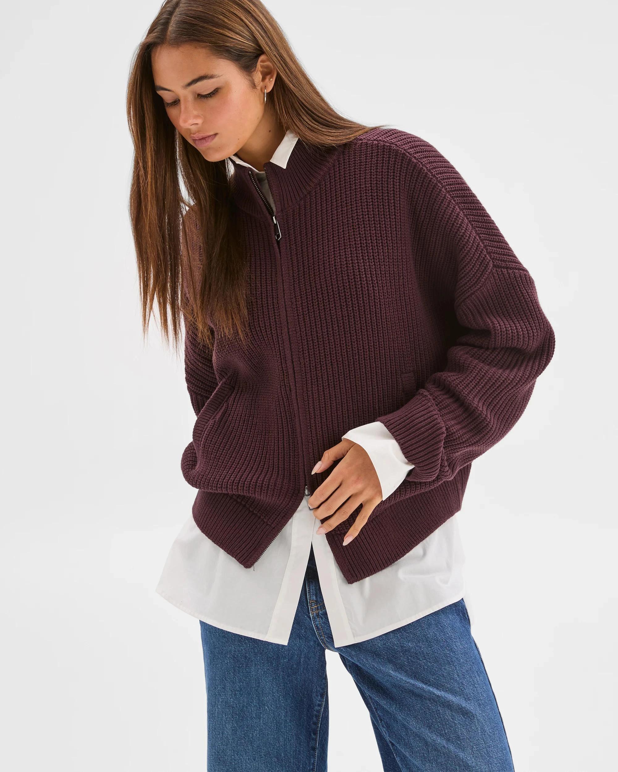 2 Lily Loves Australian Cotton Blend Zip Through Rib Cardigan FUDGE, 2 of 8