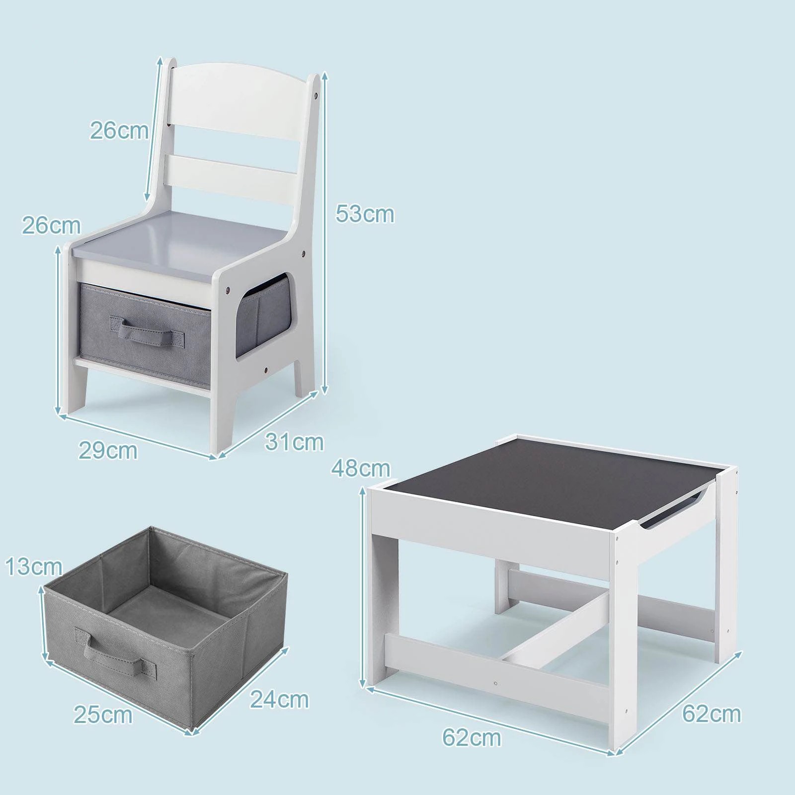 4 Costway 3PCS Kids Table & Chairs Set w/Storage Box - Grey, 4 of 6