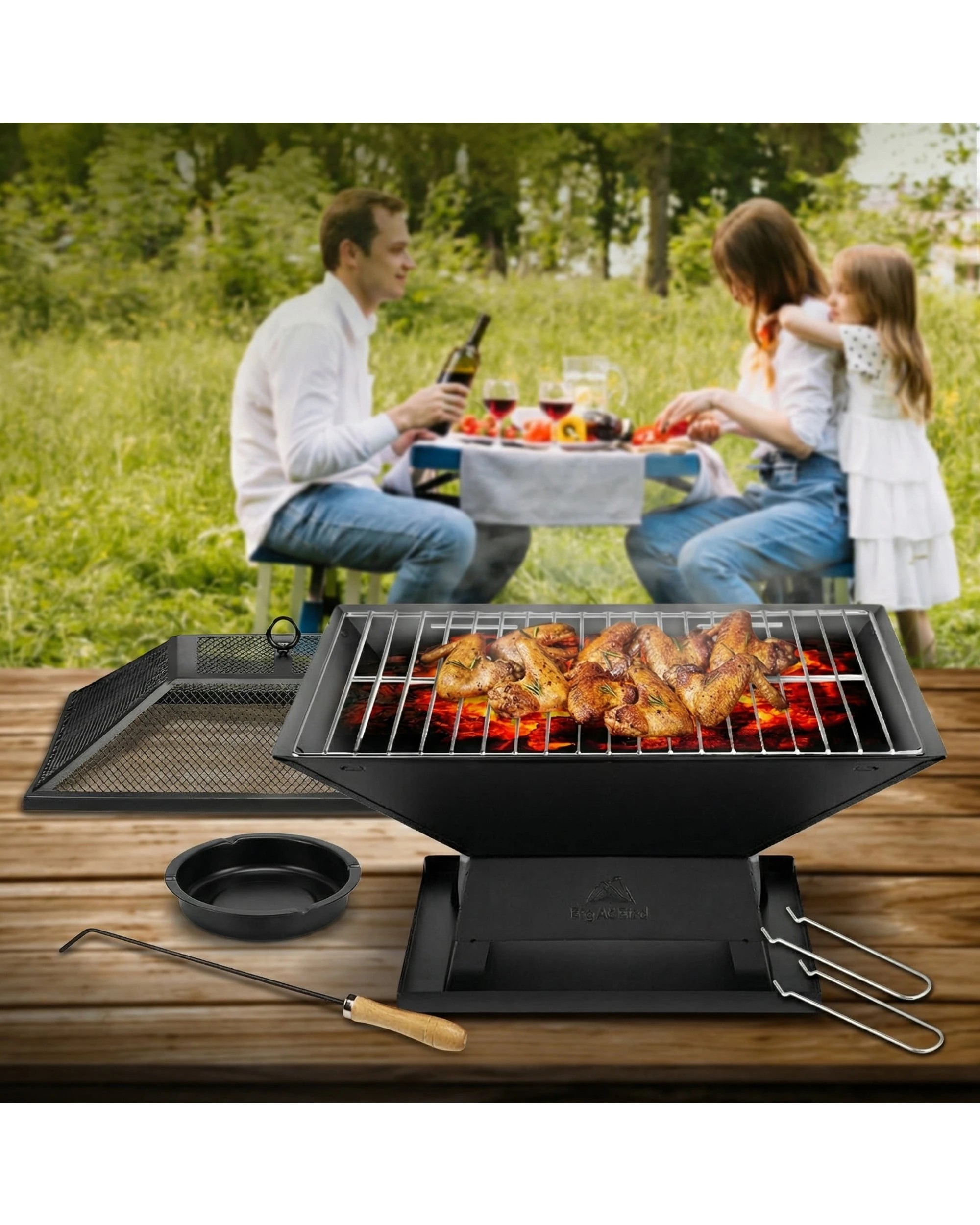 5 Wallaroo Portable BBQ Fire Pit with Mesh Cover Grill Ash Tray Steel Frame Wood Charcoal Outdoor Brazier - Black, 5 of 9
