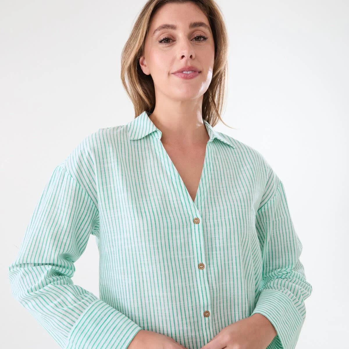 4 Long Sleeve Cotton Slub Stripe Shirt MONO STRIPE GREEN, 4 of 5