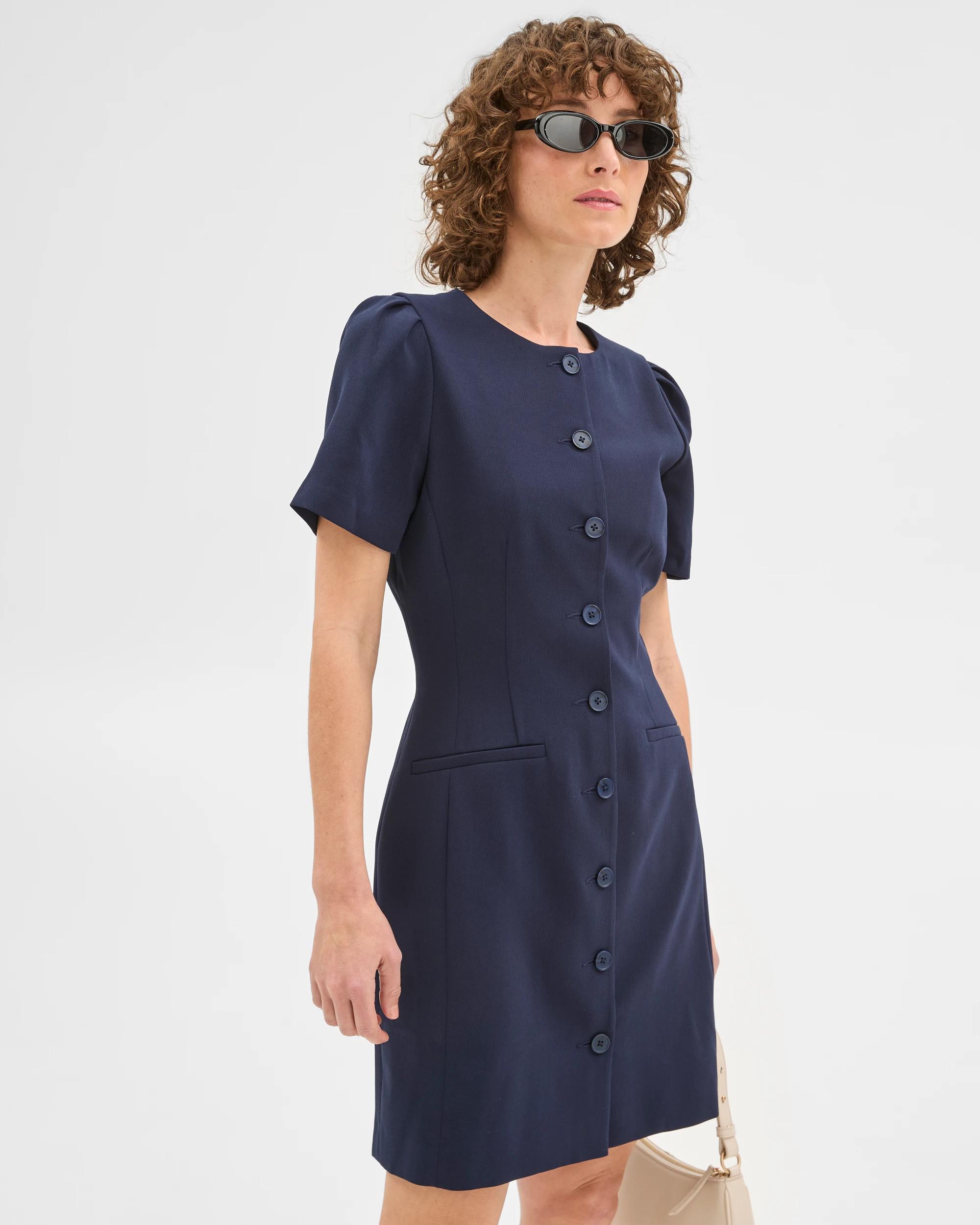 1 Crepe Tailored Puff Sleeve Dress - Preview NAVY BLUE, 1 of 6