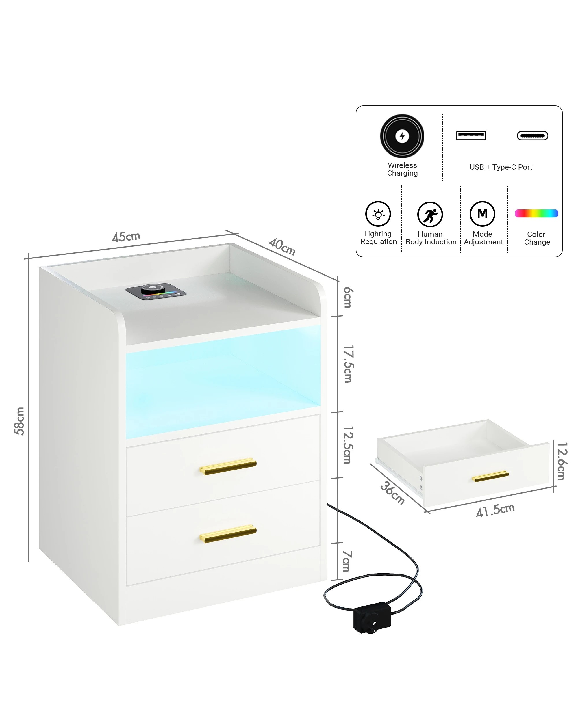 3 Advwin Bedside Table Set Of 2 Led Nightstand Wireless Charging Station, 3 of 8