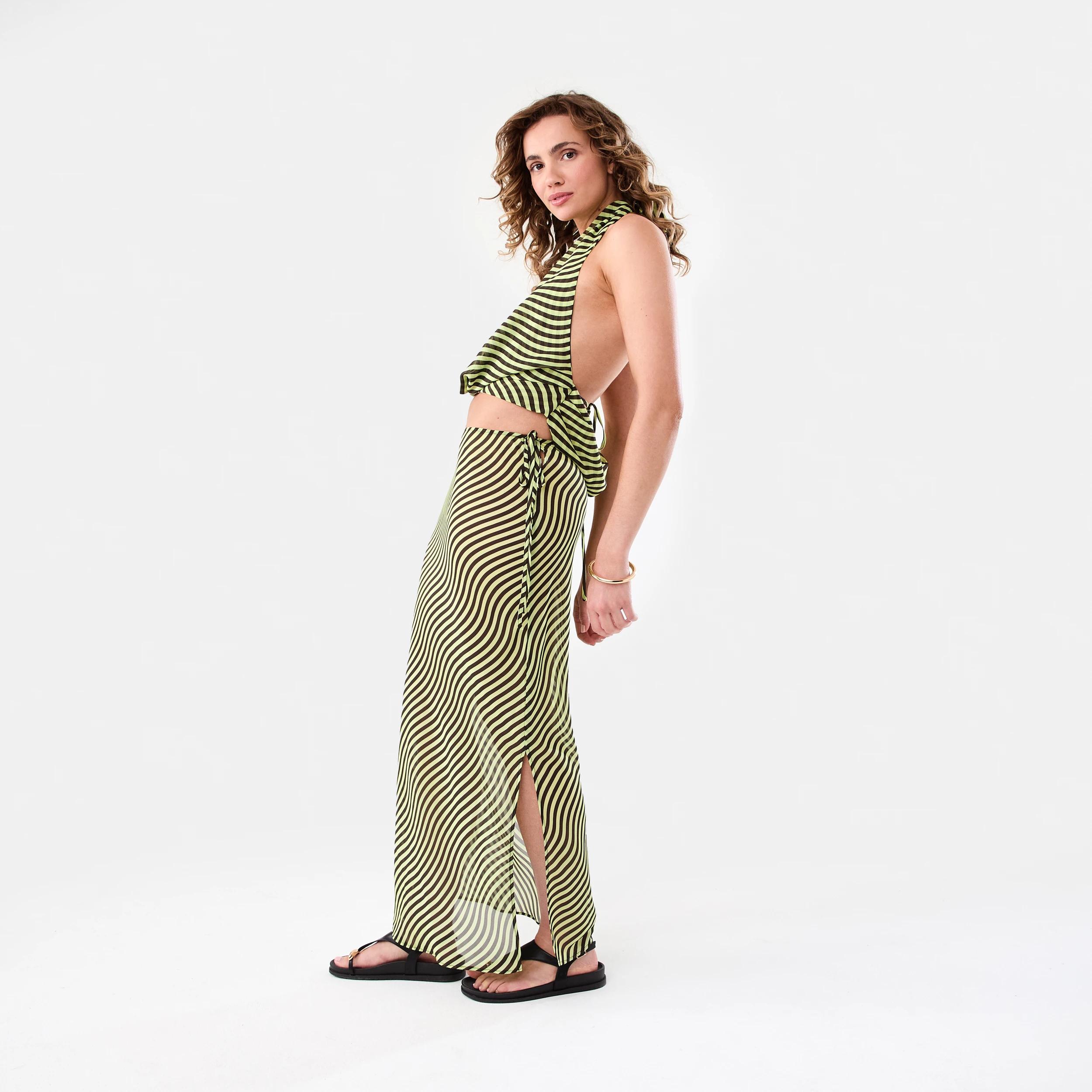 3 Print Tie Side Maxi Skirt Lime Wave, 3 of 6