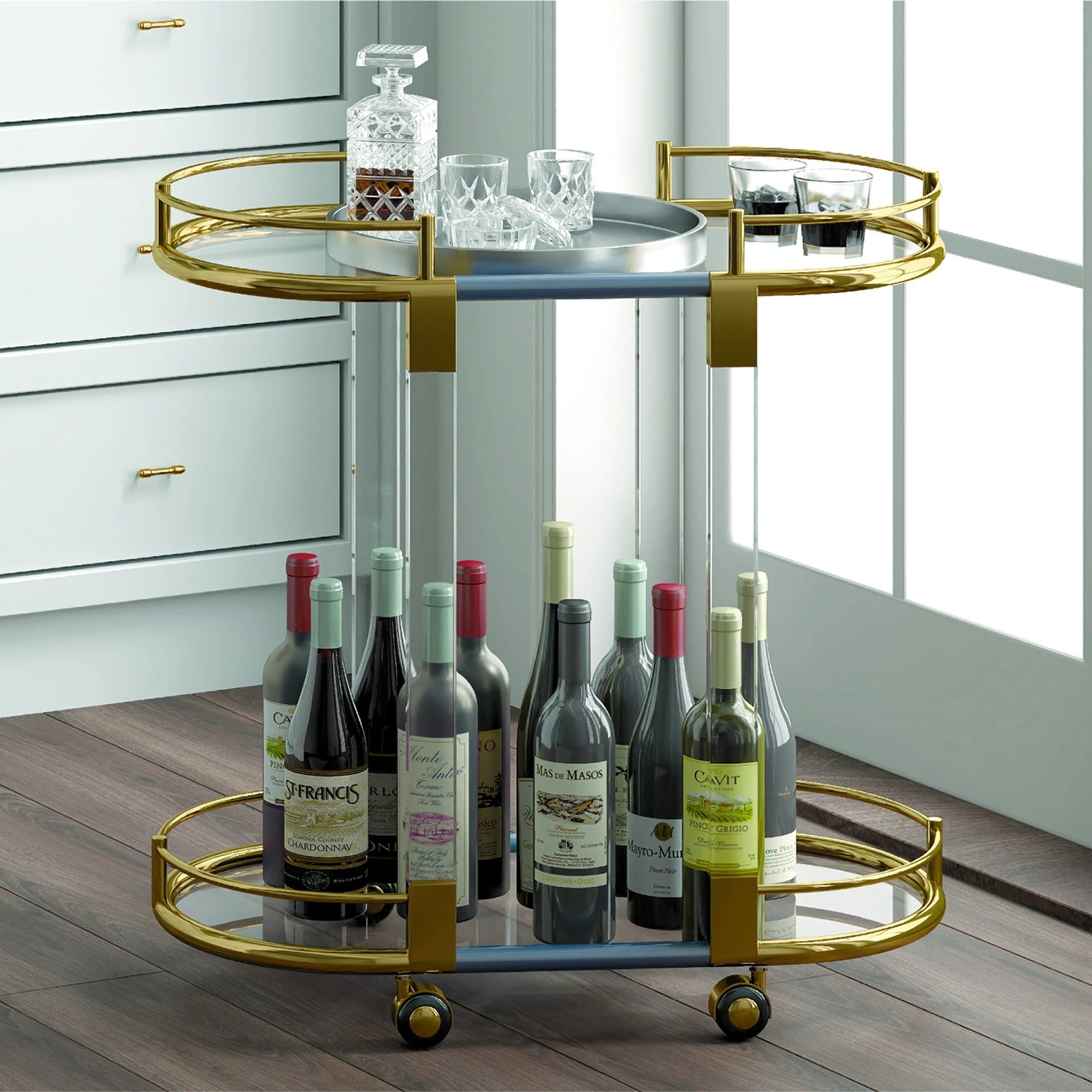 3 SoHo 2 Tier Oval Acrylic Bar Cart - Gold, 3 of 10