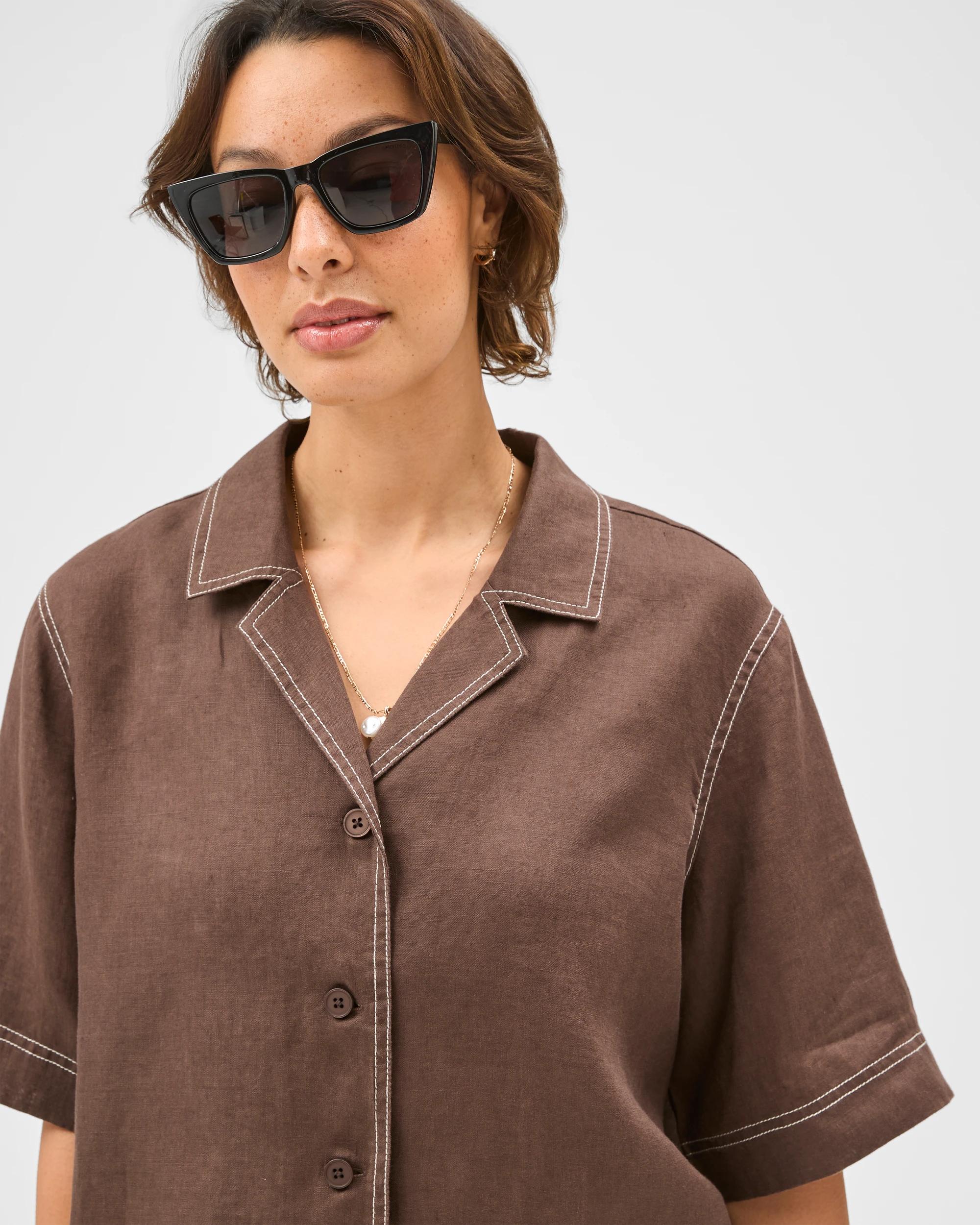 6 Target Woman European Linen Short Sleeve Stitch Detail Shirt COFFEE BEAN, 6 of 7
