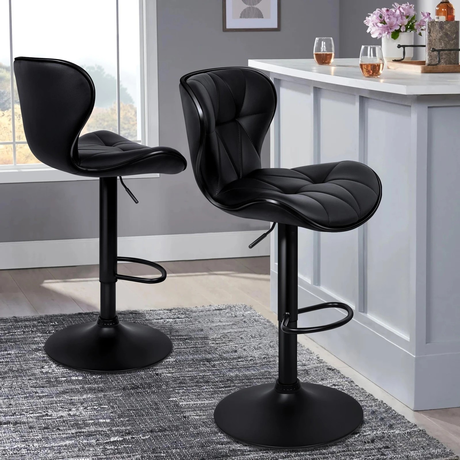 2 Alfordson 2x Bar Stools Luna Kitchen Swivel chair Leather Gas lift - Black, 2 of 10