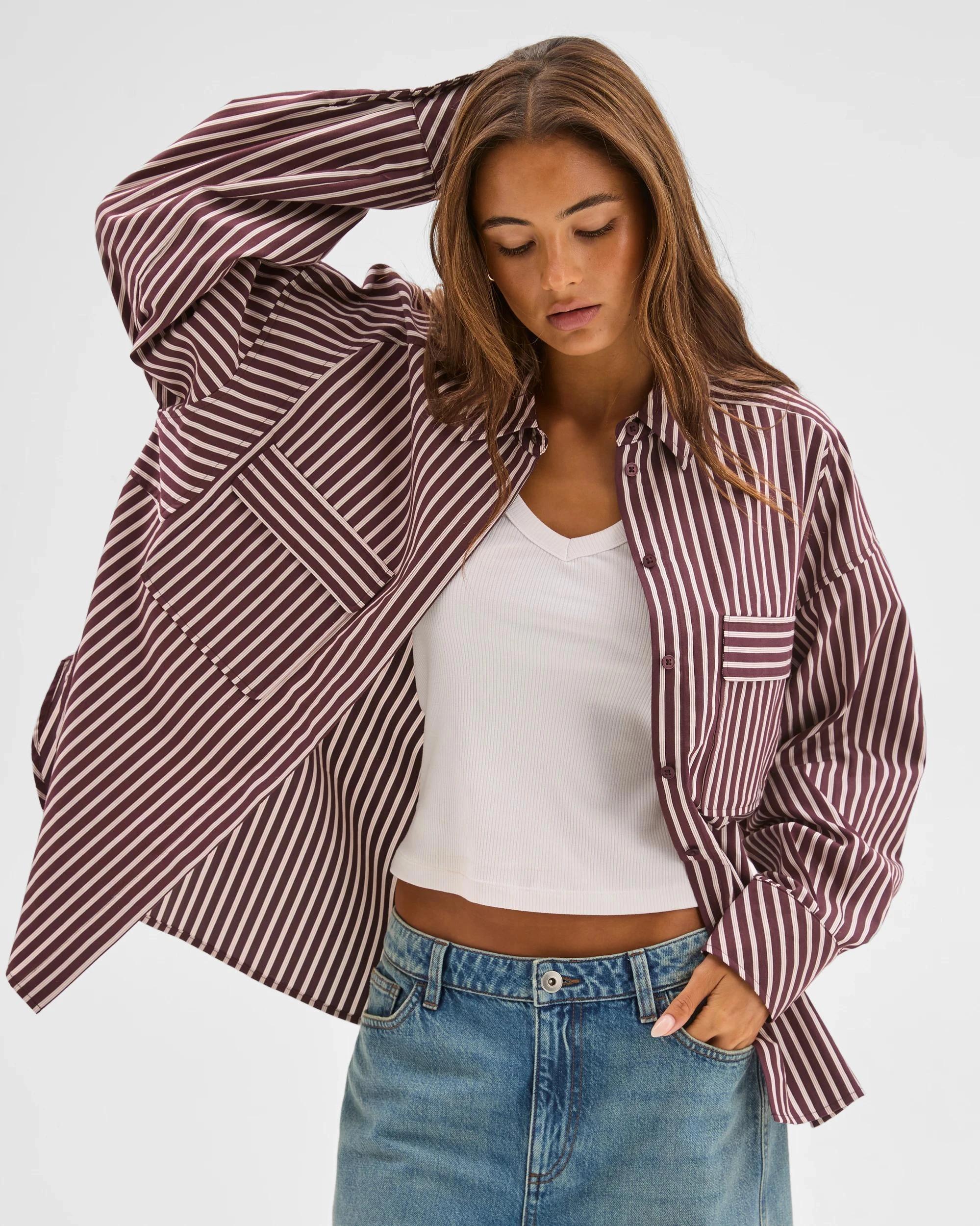 5 Lily Loves Australian Cotton Blend Oversized Shirt FUDGE STRIPE, 5 of 7