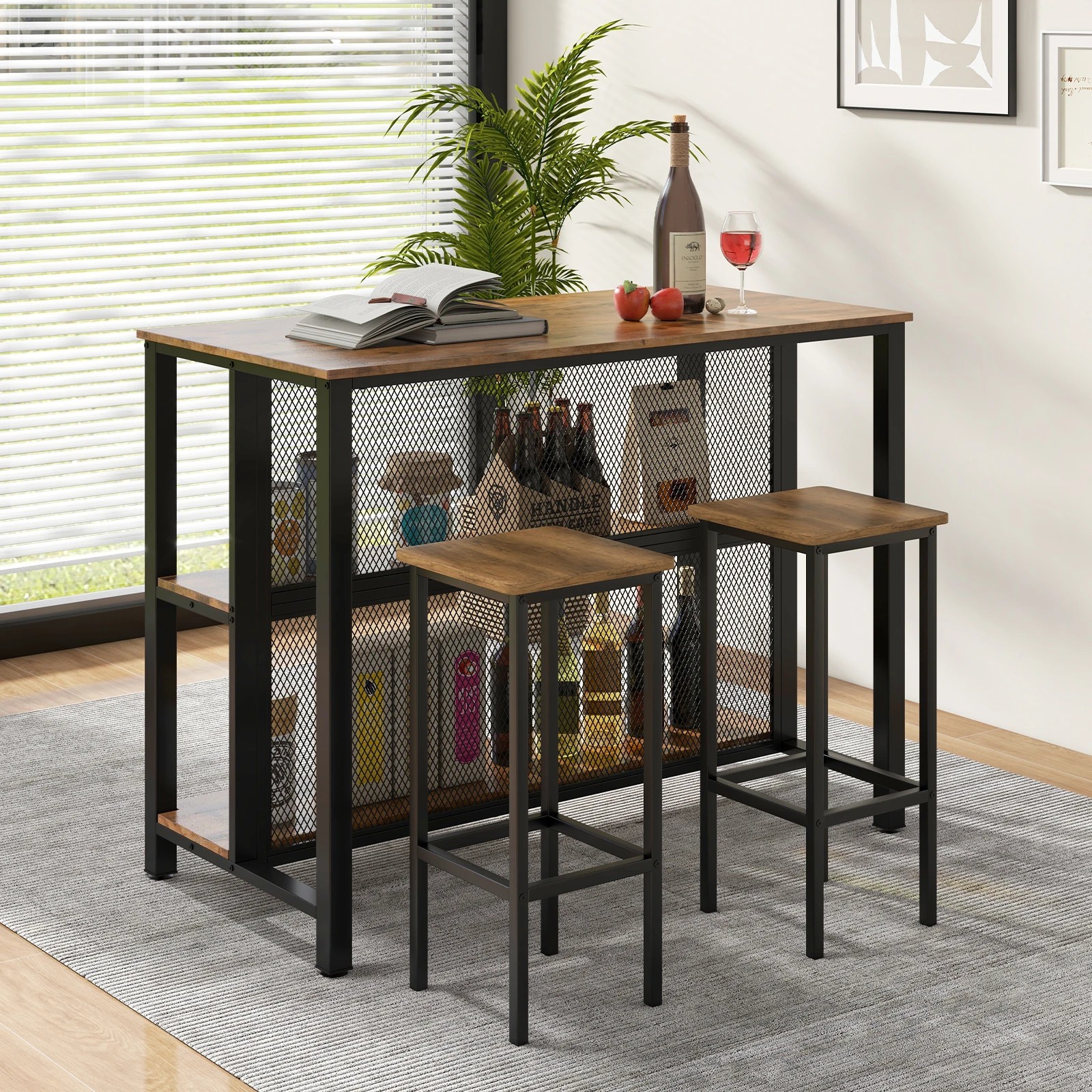 3 Costway 2-in-1 Kitchen Buffet Island 3-Tier Shelf Wooden Wine Bar Table Storage Cupboard, 3 of 4