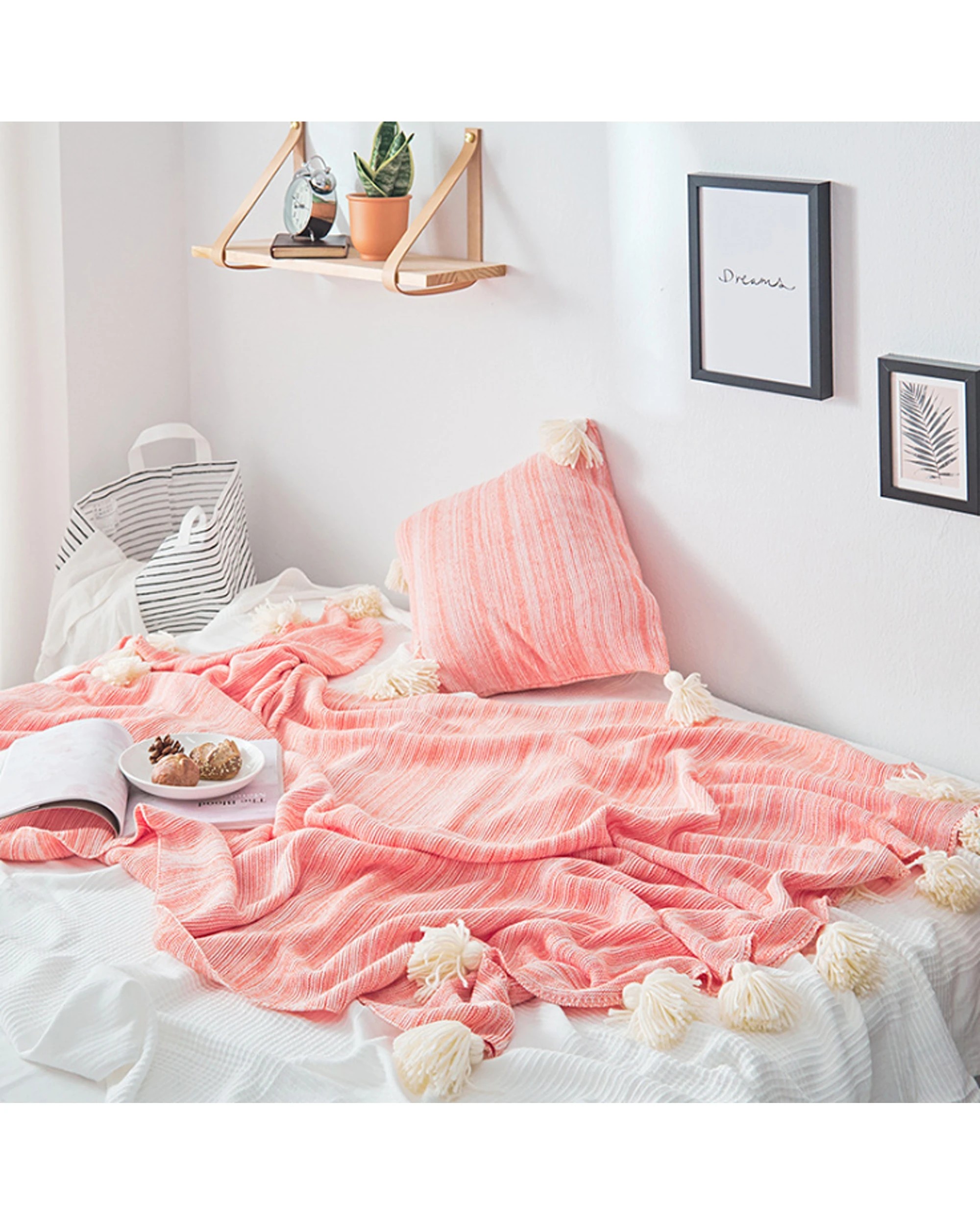 3 Cotton More 100% Cotton Tassel Knitted Sofa Bed Blanket 130x180cm - Pink, 3 of 4