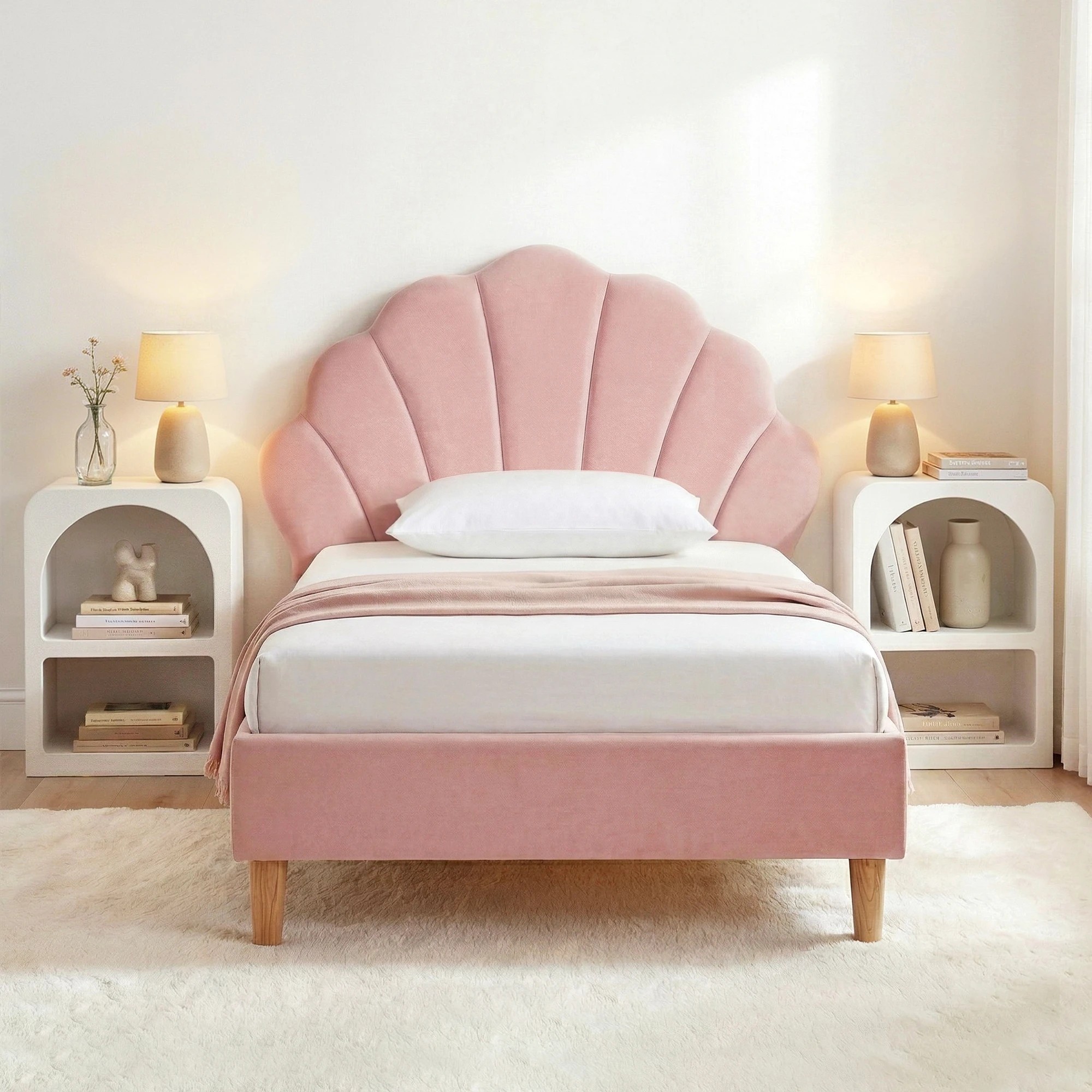 9 Artiss Bed Frame King Single with 2 Bedside Tables Set Scallop Headboard Velvet Fabric Beds Base - Multi, 9 of 9