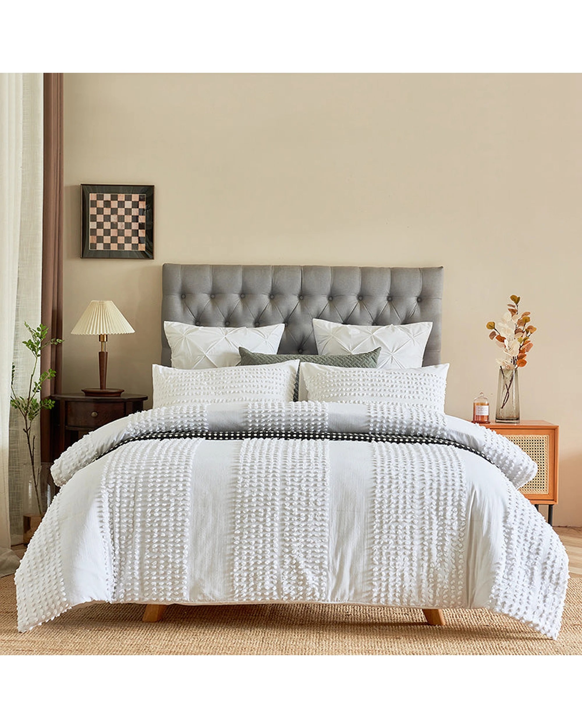 1 Cotton More 100% Cotton Tufted Pattern Quilt Doona Cover Set Double - White, 1 of 7