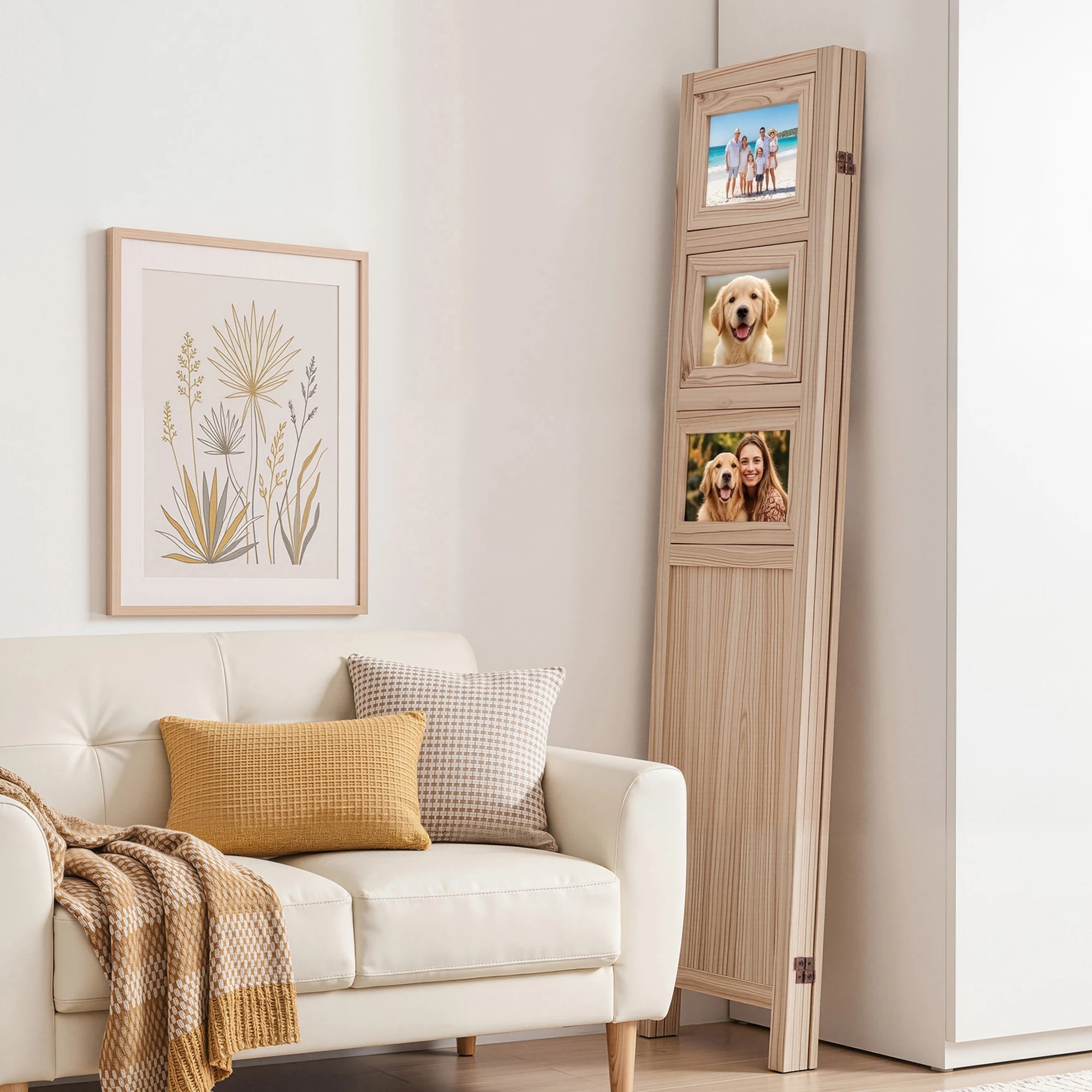 6 Artiss Room Divider 4 Panel Privacy Screen Partition Photo Collage Display Solid Wood - Natural, 6 of 7