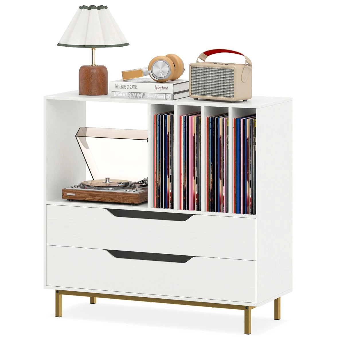 7 Costway Retro Record Player Stand 4 Vinyl Storage Racks w/2 Drawers - White, 7 of 7