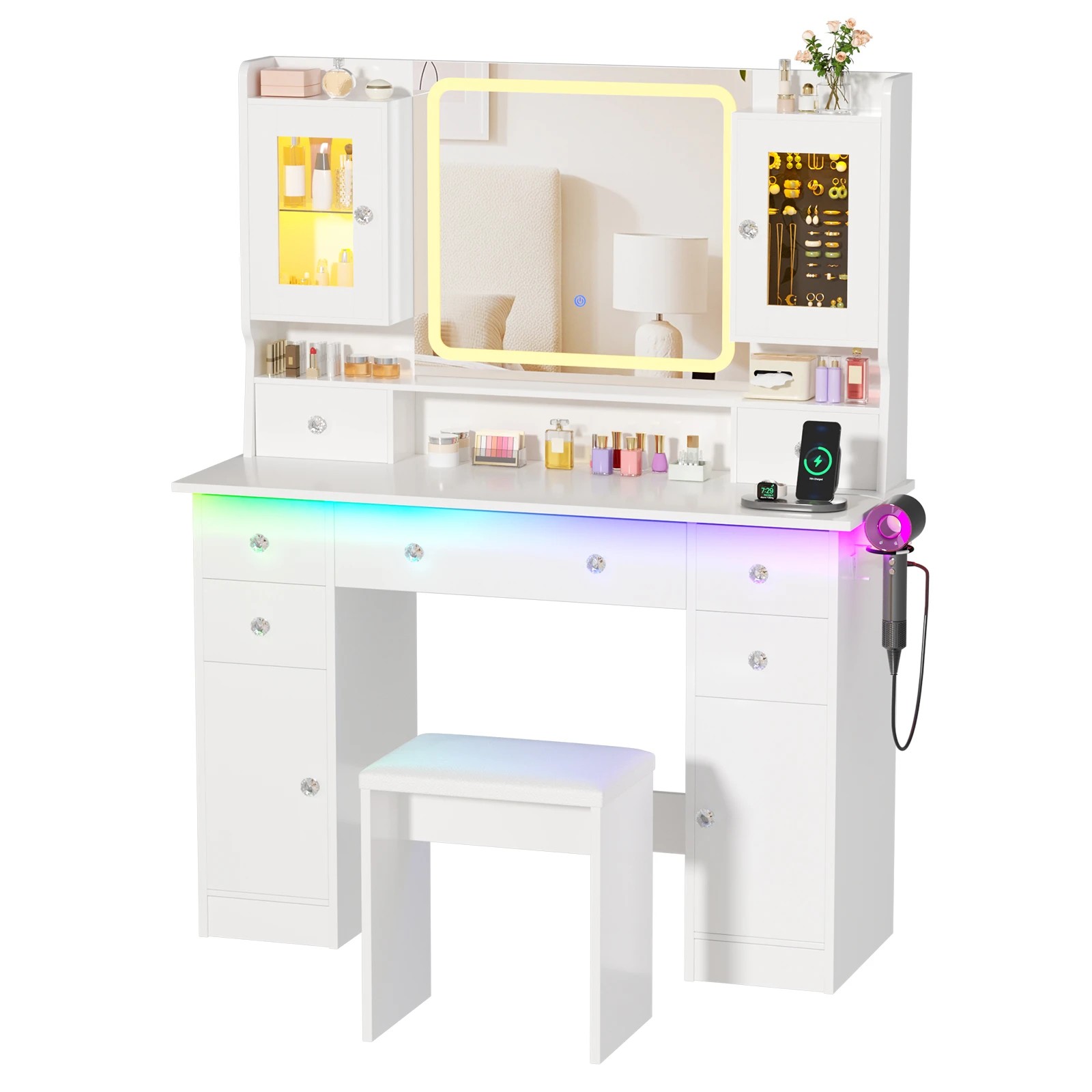 1 Advwin Makeup Vanity Desk w/ Mirror & RGB Lights Charging Station 7 Drawer - White, 1 of 10