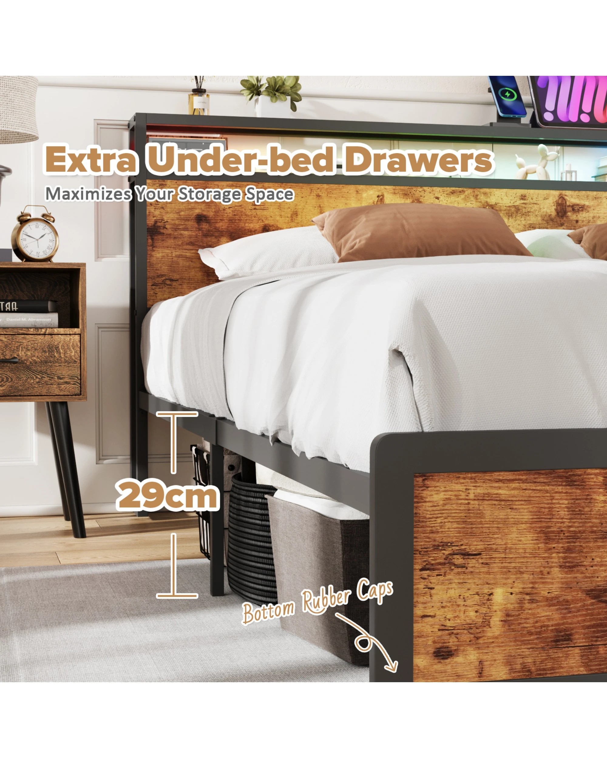 6 Advwin Double Bed Frame With Charging Station & Rgb Led Lights Storage Headboard, 6 of 9