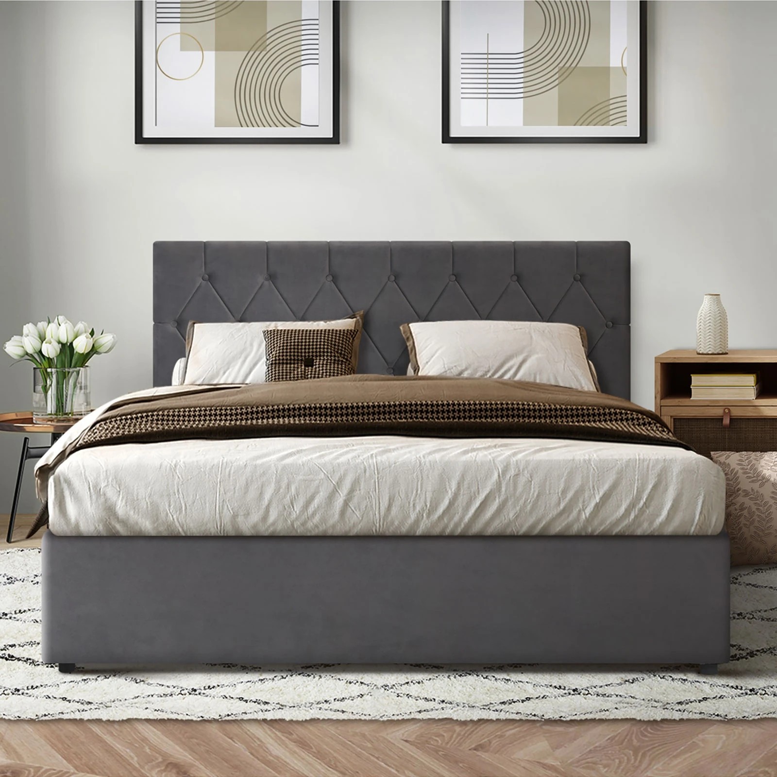 4 Oikiture King Bed Frame With Gas Lift Storage Base Velvet
 - Grey, 4 of 10