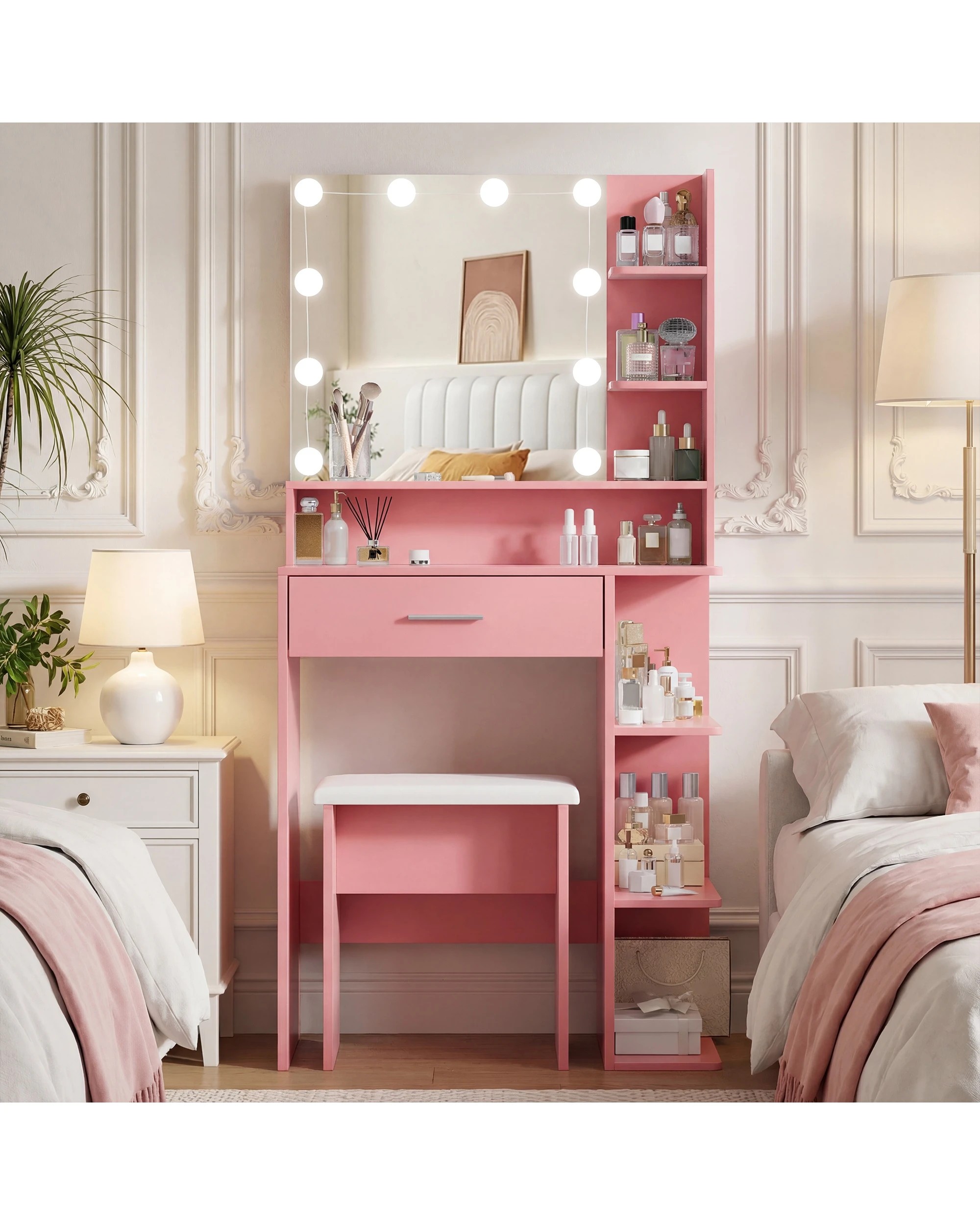 2 Advwin Dressing Table Stool Set LED Light Charging Station Glass Cabinet Tabletop - Pink, 2 of 9