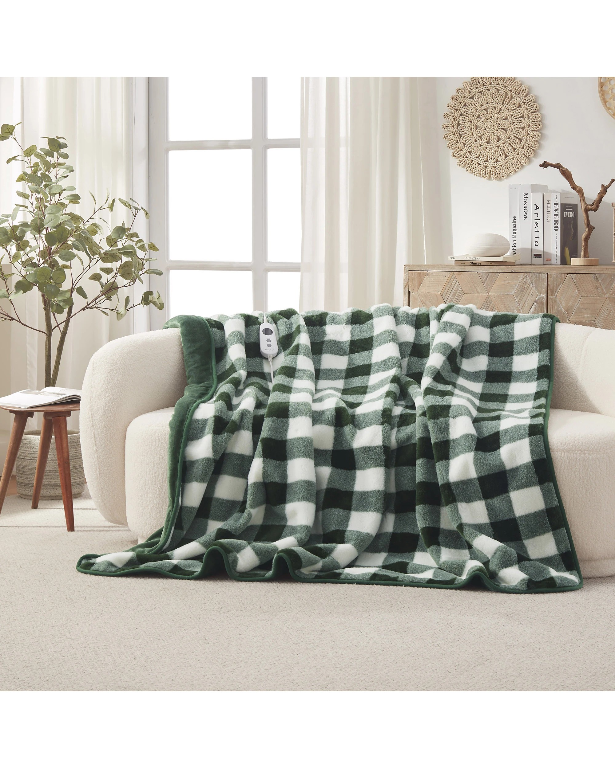 1 Dreamaker Gingham Plush Heated Throw 180x200cm - Green, 1 of 9