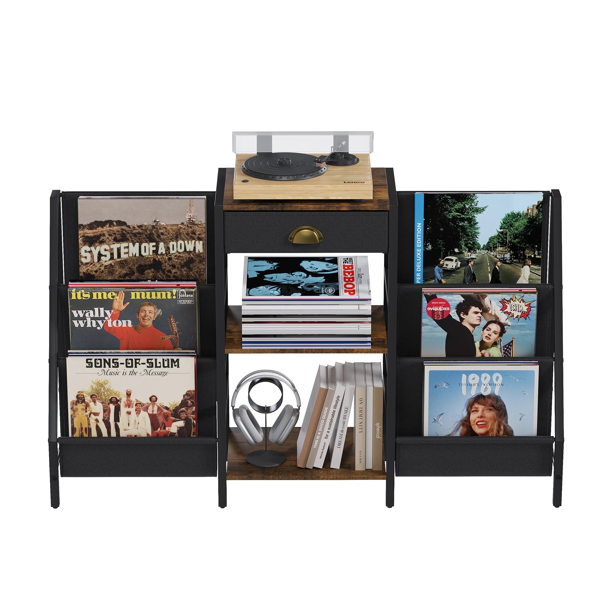 5 Advwin Storage Record Player Stand w/6 Pockets and Drawer Record Table Stand Storage Up to 200 Albums, 5 of 10