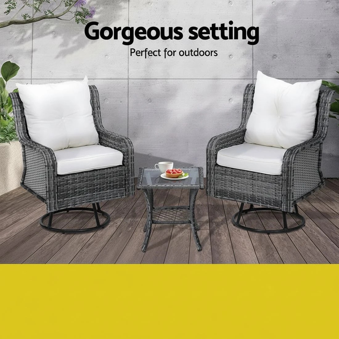 3 Gardeon 3PC Outdoor Furniture Bistro Set Lounge Wicker Swivel Chairs Table - Grey, 3 of 5