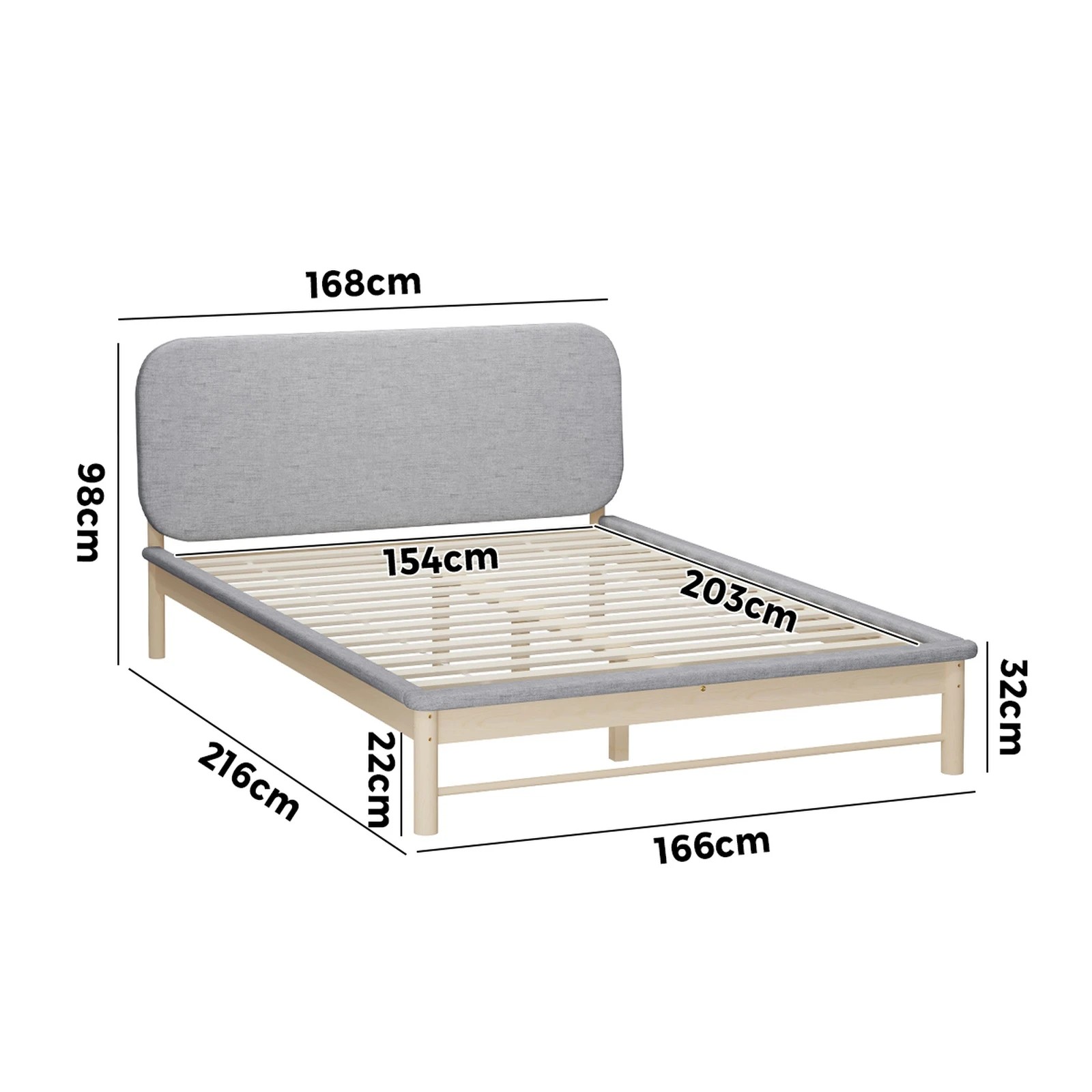 5 Oikiture Wooden Bed Frame With Padded Fabric Edges Pine Headboard Base Queen
 - Grey, 5 of 10
