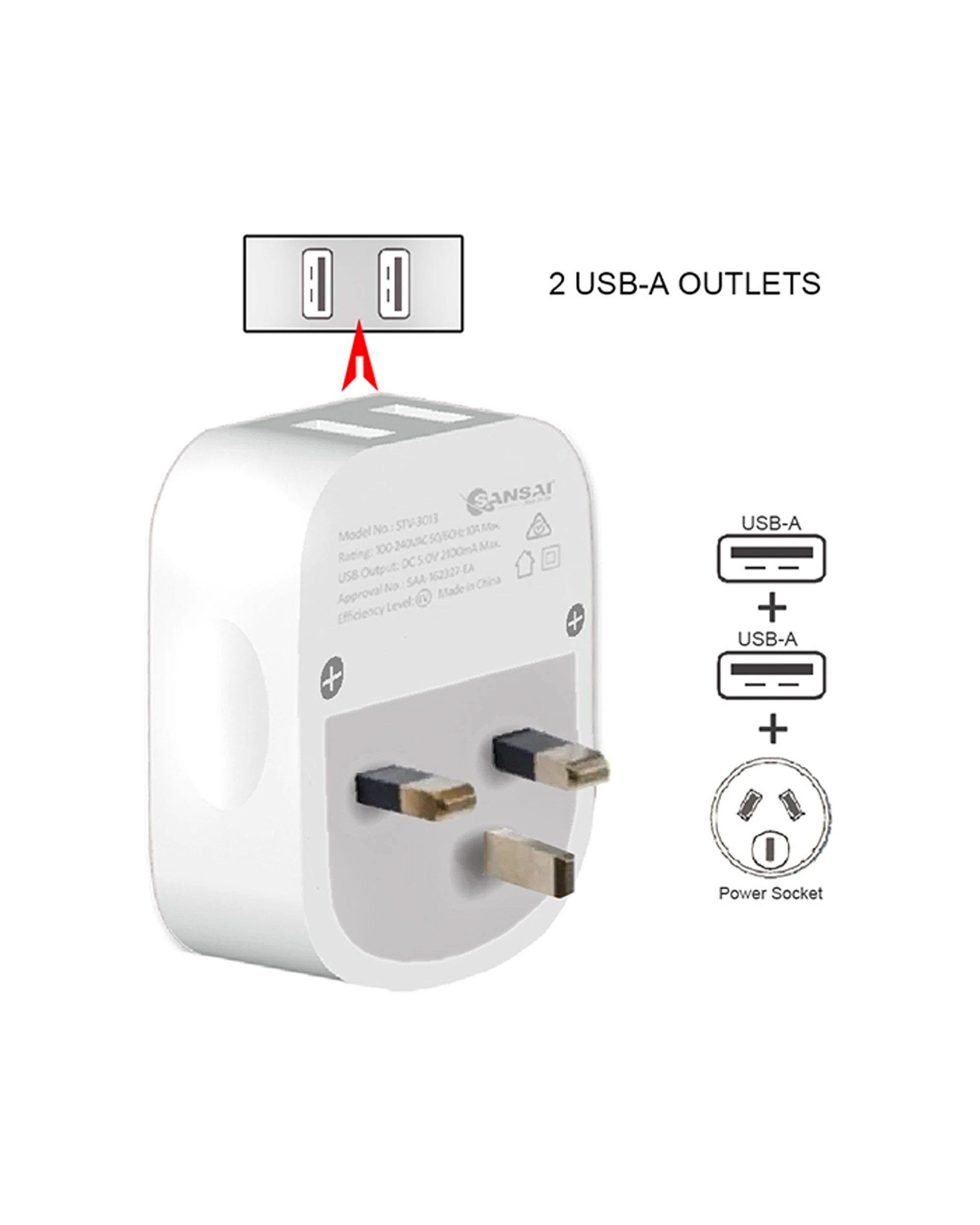 3 Sansai Surge Protected Travel Adapter with 2 USB Ports AU UK Region - White, 3 of 3