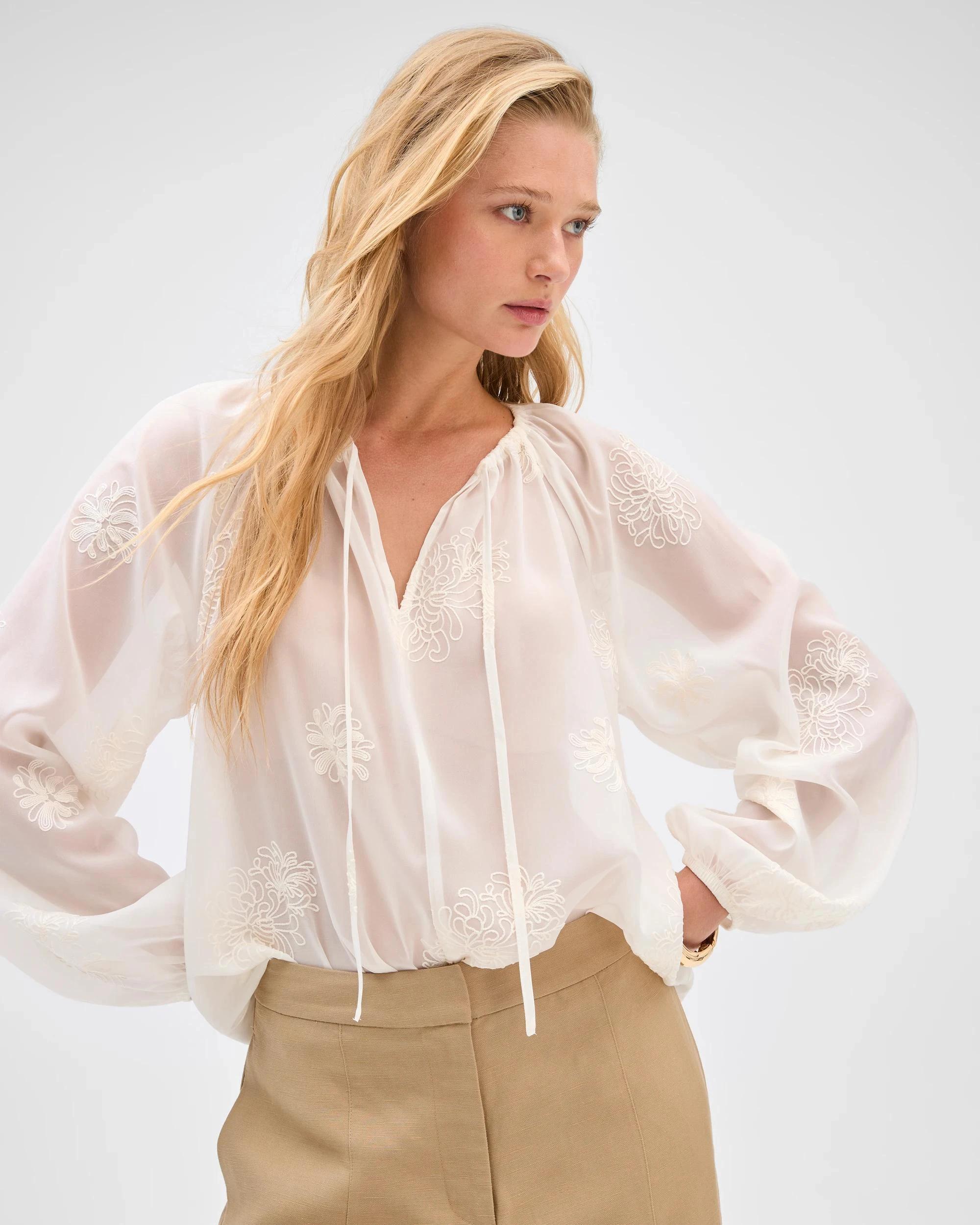 3 Preview Long Sleeve Embroidered Detail Blouse CLOUD DANCER, 3 of 6