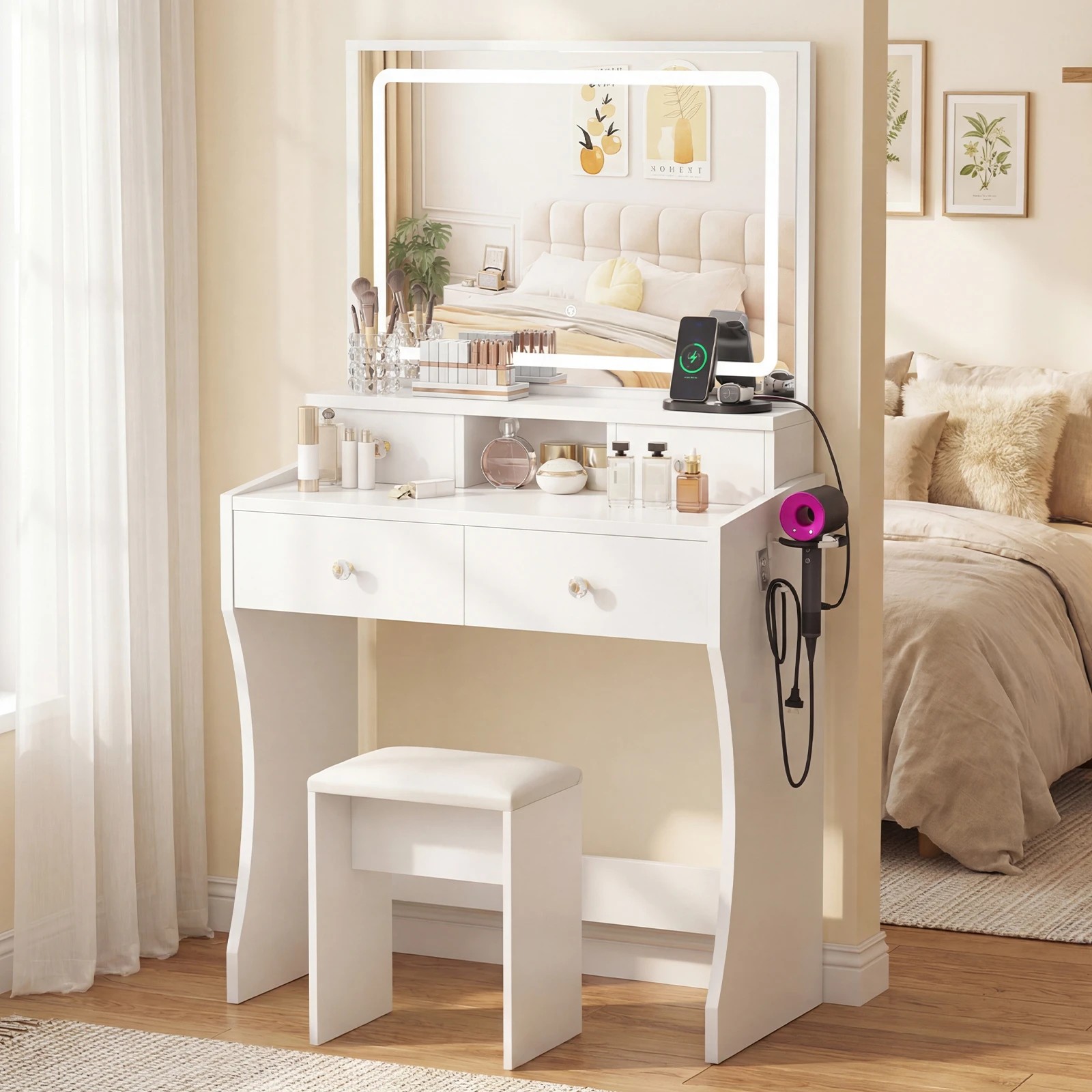 2 Advwin Makeup Vanity Desk with Mirror Charging Station and 4 Drawers - White, 2 of 10