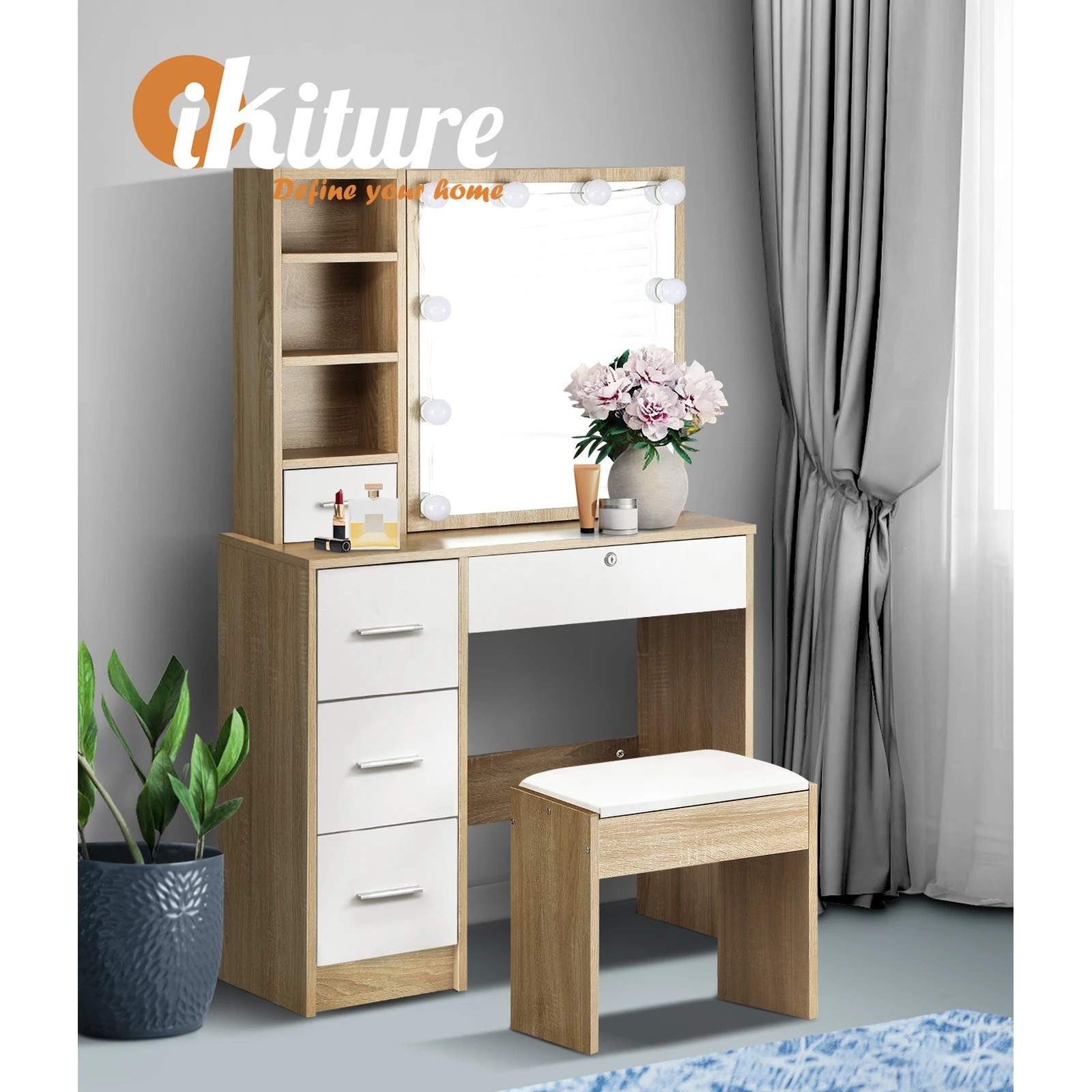 6 Oikiture Dressing Table Stool Set Slide Mirror Drawer 10 Led Bulbs
 - Multi, 6 of 9