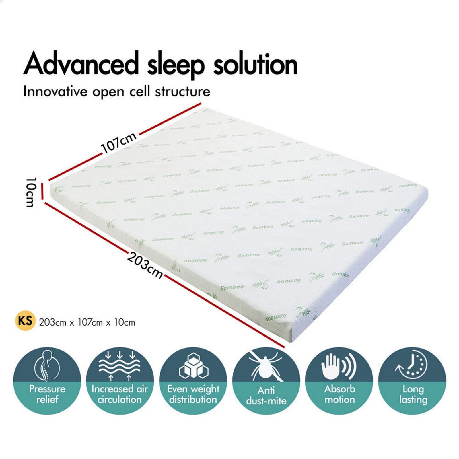 2 Starry Eucalypt Memory Foam Mattress Topper 7-Zone 10cm - King Single Bed, 2 of 10