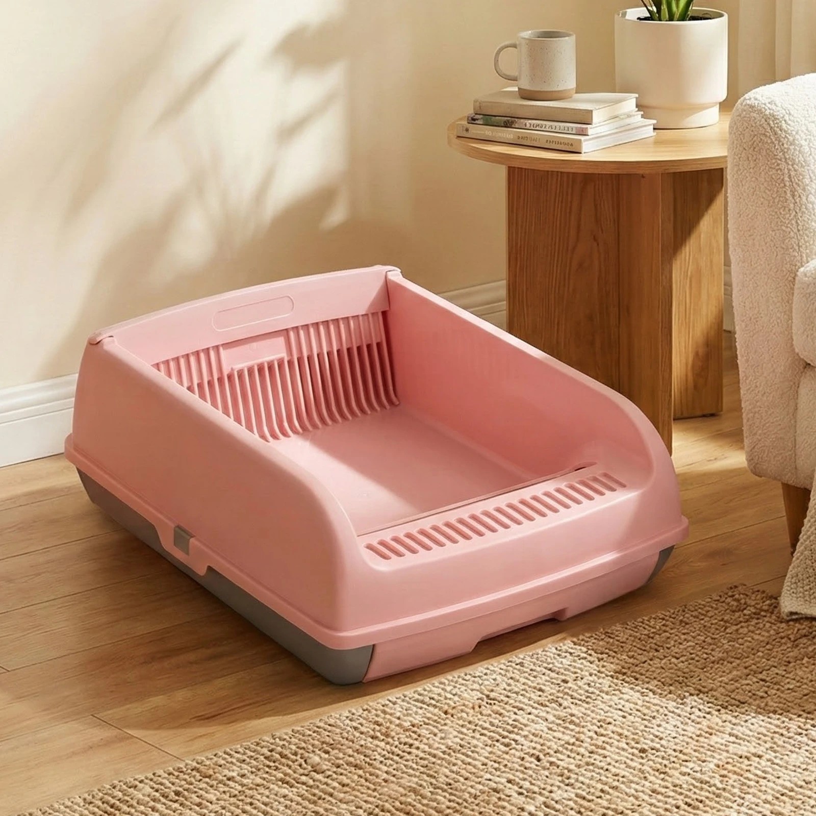 3 Costway Semi-auto Open-top Cat Litter Box Splash-proof Cat Toilet w/Sliding Scoop - Pink, 3 of 7