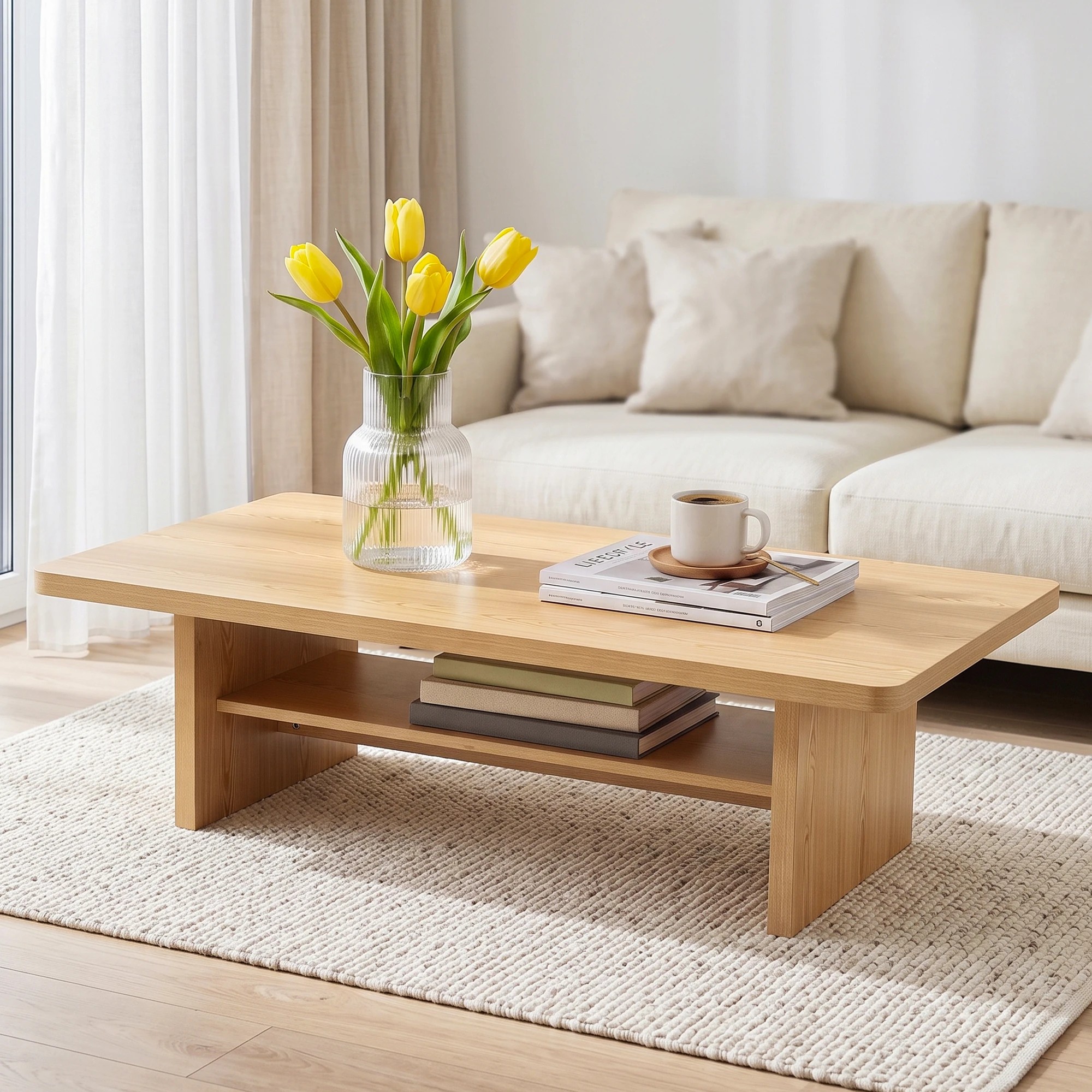 2 Artiss Table 110cm Center Table with 2-Tier Open Storage Shelf Safe Round Corner Wood - Natural, 2 of 7