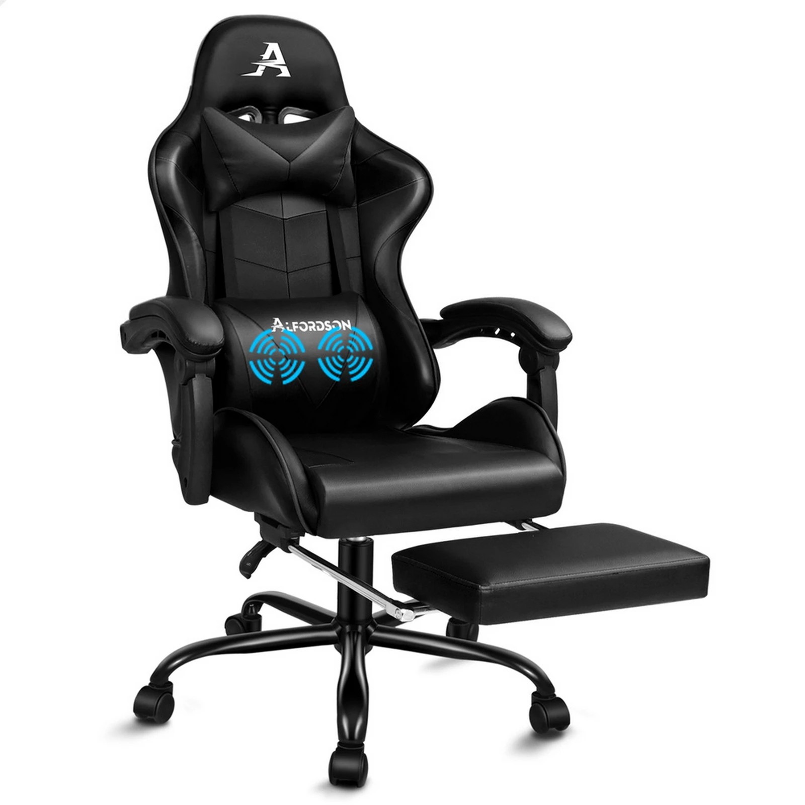 1 Alfordson Gaming Chair Office Executive Racing Footrest Seat Leather - Black, 1 of 10